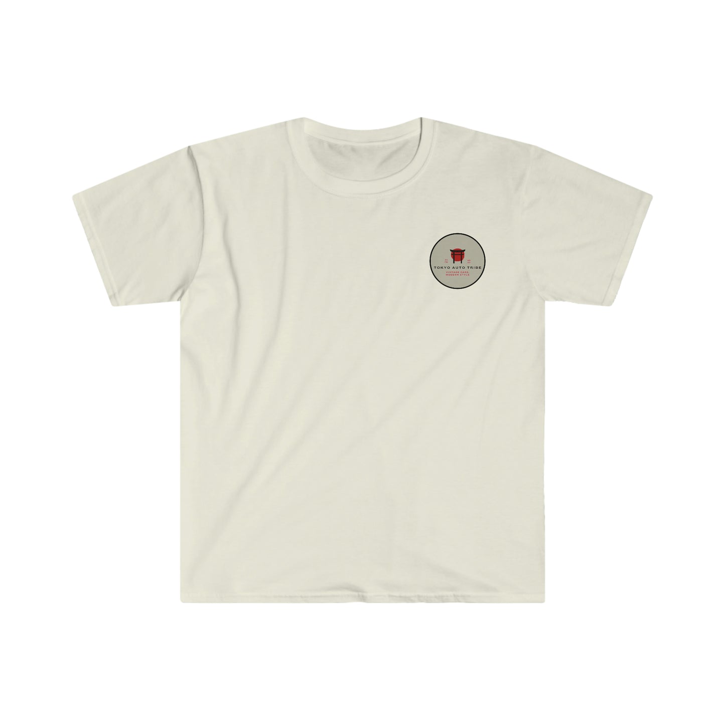 White Lucky Cat Racer's T-Shirt featuring a small red lucky cat graphic inside a circular emblem on the chest, inspired by Japanese car culture and vintage racing style.