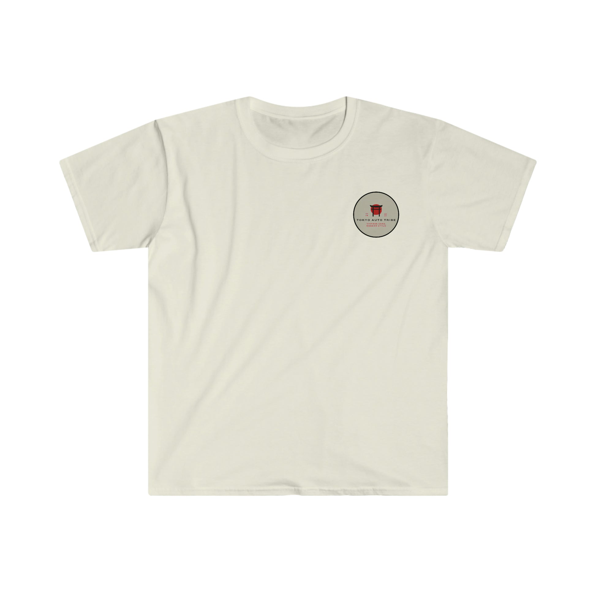 White Lucky Cat Racer's T-Shirt featuring a small red lucky cat graphic inside a circular emblem on the chest, inspired by Japanese car culture and vintage racing style.
