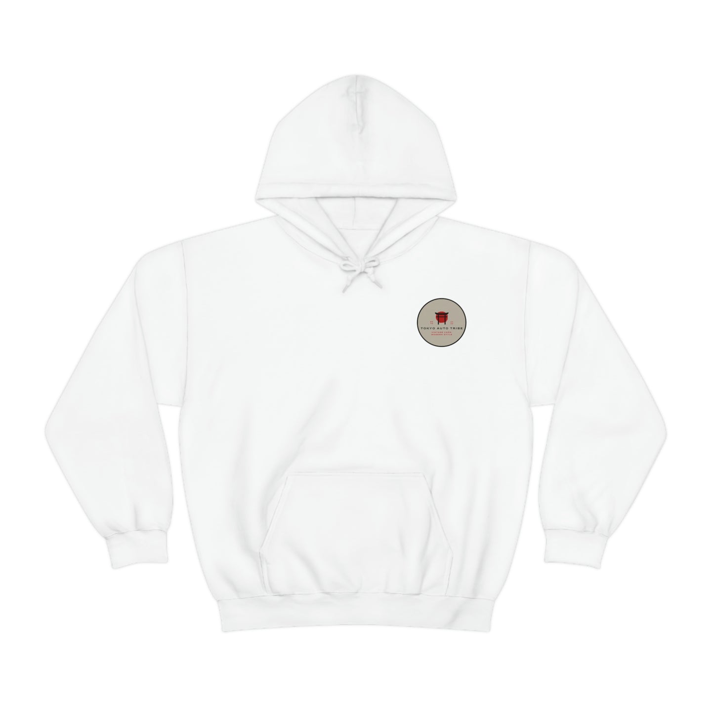 White Groovy Grocery Runner Hoodie featuring a small vintage-inspired logo on the chest, designed for fans of Japanese car culture and late-night drives.
