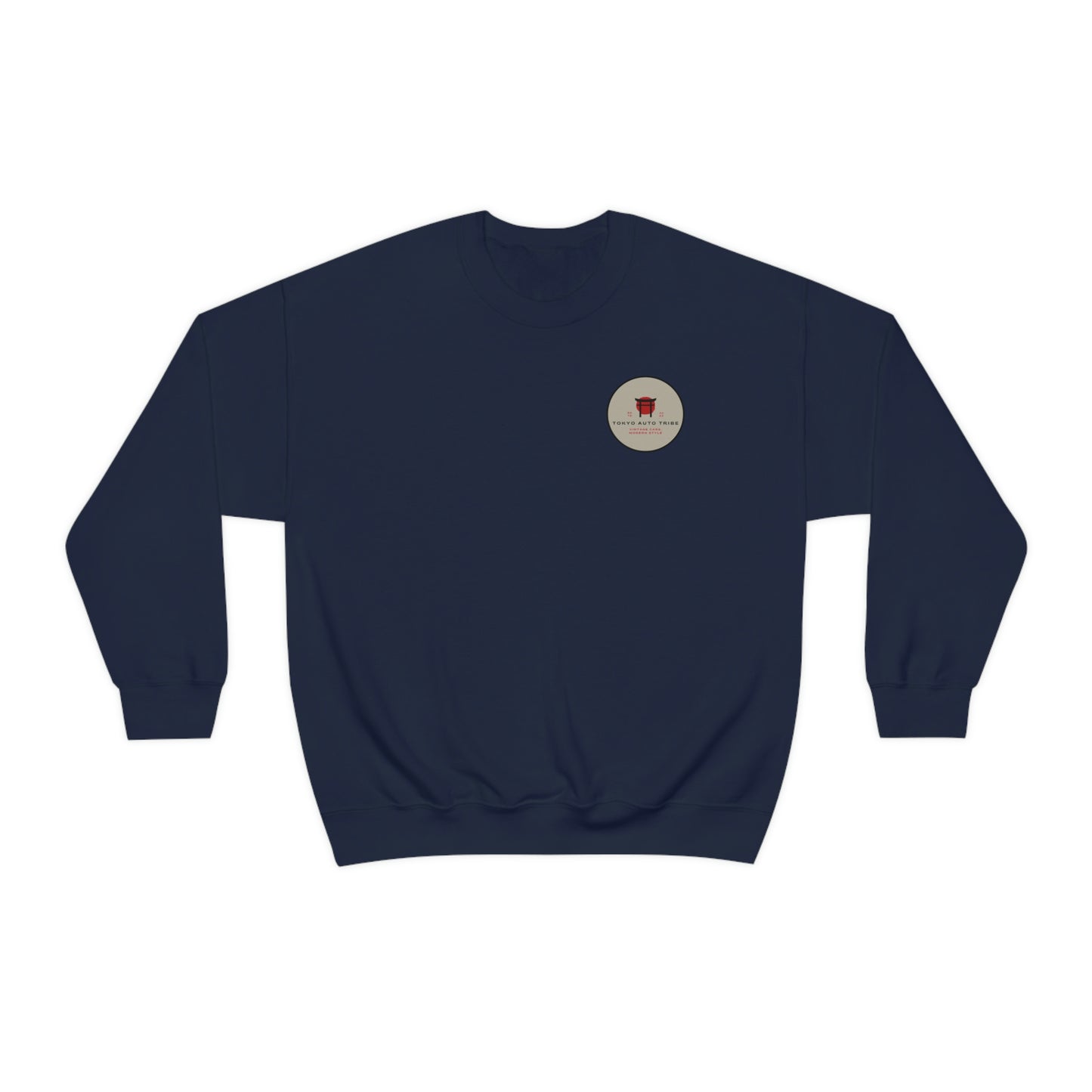 The Family Wagon Sweater in dark navy with a small circular logo on the chest, inspired by Japanese car culture and designed for fans of late-night drives and tuner lifestyle.