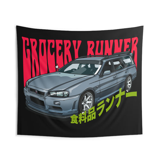 Groovy Grocery Runner Tapestry featuring a detailed illustration of a modified gray Japanese station wagon with bold red and green stylized text, celebrating car culture and late-night drives.