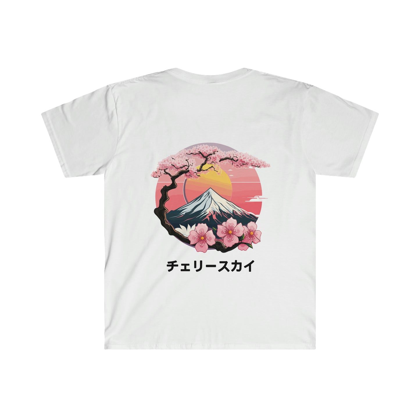 White Cherry Skies T-Shirt featuring a vibrant graphic of cherry blossoms, Mount Fuji, and a red sun with Japanese characters beneath, blending Japanese car culture and streetwear style.