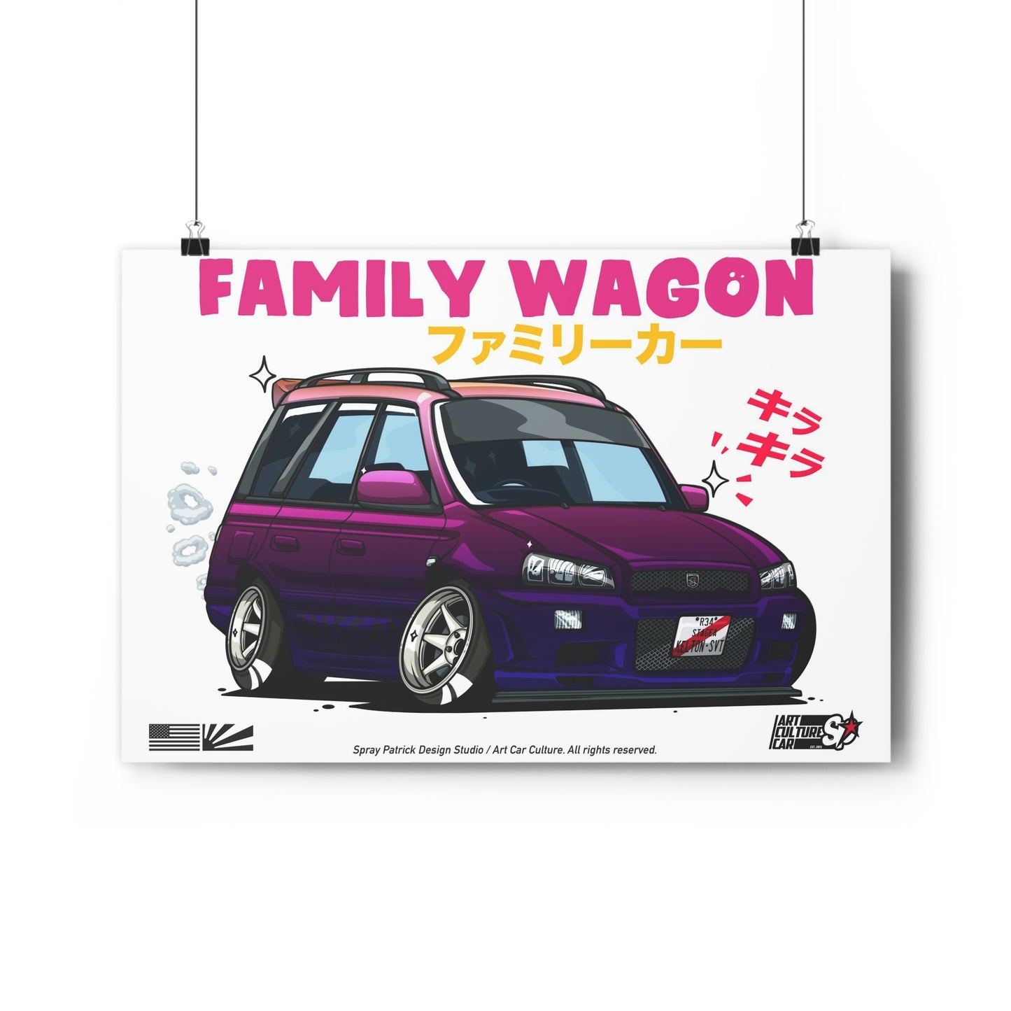 Illustration of a modified purple family wagon car with lowered suspension and shiny rims, featuring bold text "Family Wagon" and Japanese characters, styled for Midnight Purple Wonder by Tokyo Auto Tribe, capturing the spirit of Japanese car culture and late-night drives.