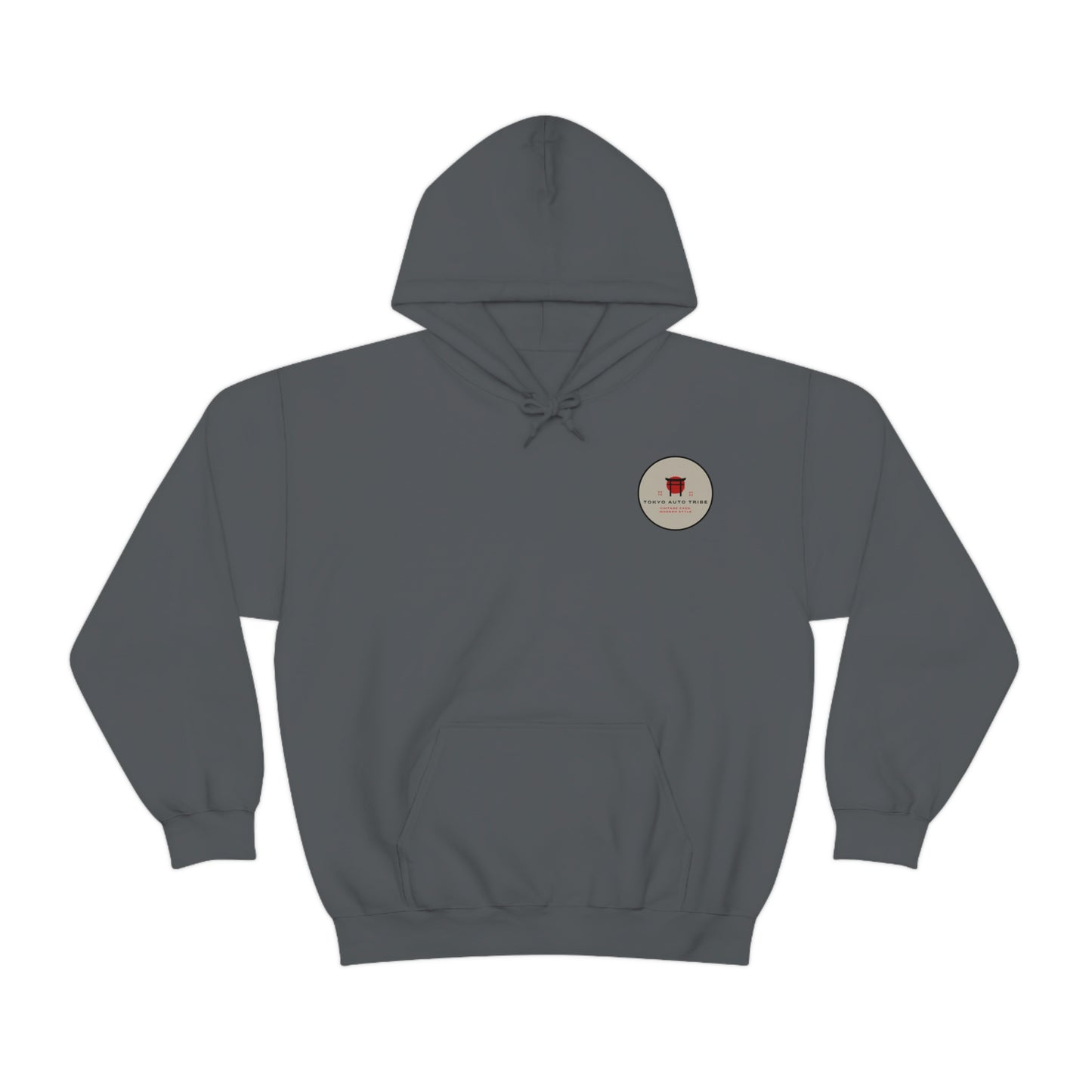 Dark gray Groovy Grocery Runner Hoodie featuring a small circular graphic on the chest, designed for fans of Japanese car culture, late-night drives, and tuner lifestyle.