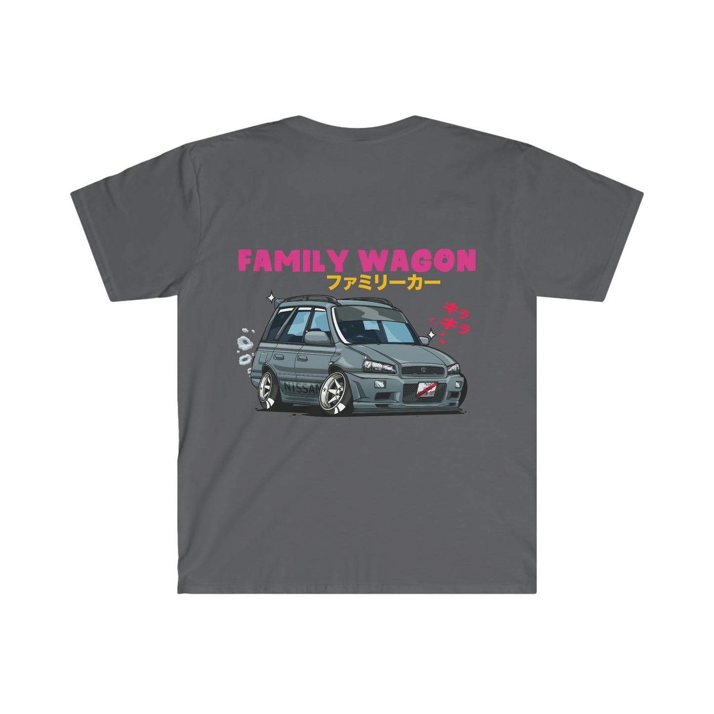 Gray Family Wagon Cartoon T-Shirt featuring a stylized cartoon graphic of a lowered, modified family wagon car with bold pink "FAMILY WAGON" text and Japanese characters above the car.