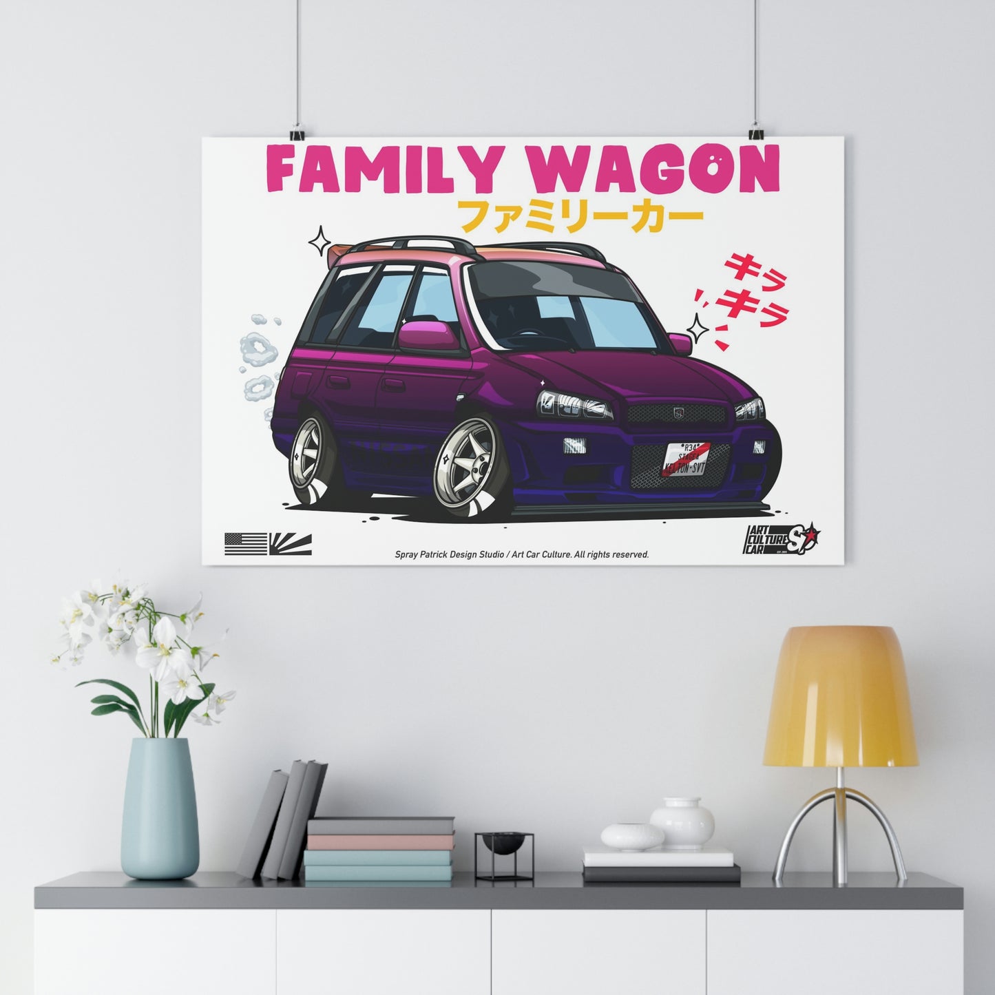 Illustration of a customized compact purple car with sporty wheels and lowered suspension under the bold text "FAMILY WAGON" and Japanese characters, featuring a playful and vibrant design titled Midnight Purple Wonder, capturing the spirit of Japanese tuner car culture and late-night drives.