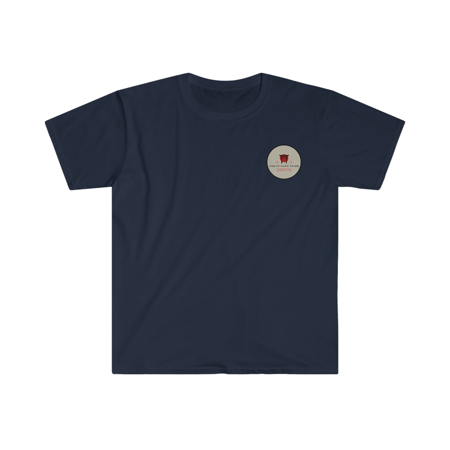 Unbreakable Spirit T-Shirt in navy blue featuring a small vintage-inspired Japanese car culture graphic on the chest, designed for fans of Tokyo Auto Tribe and JDM streetwear.