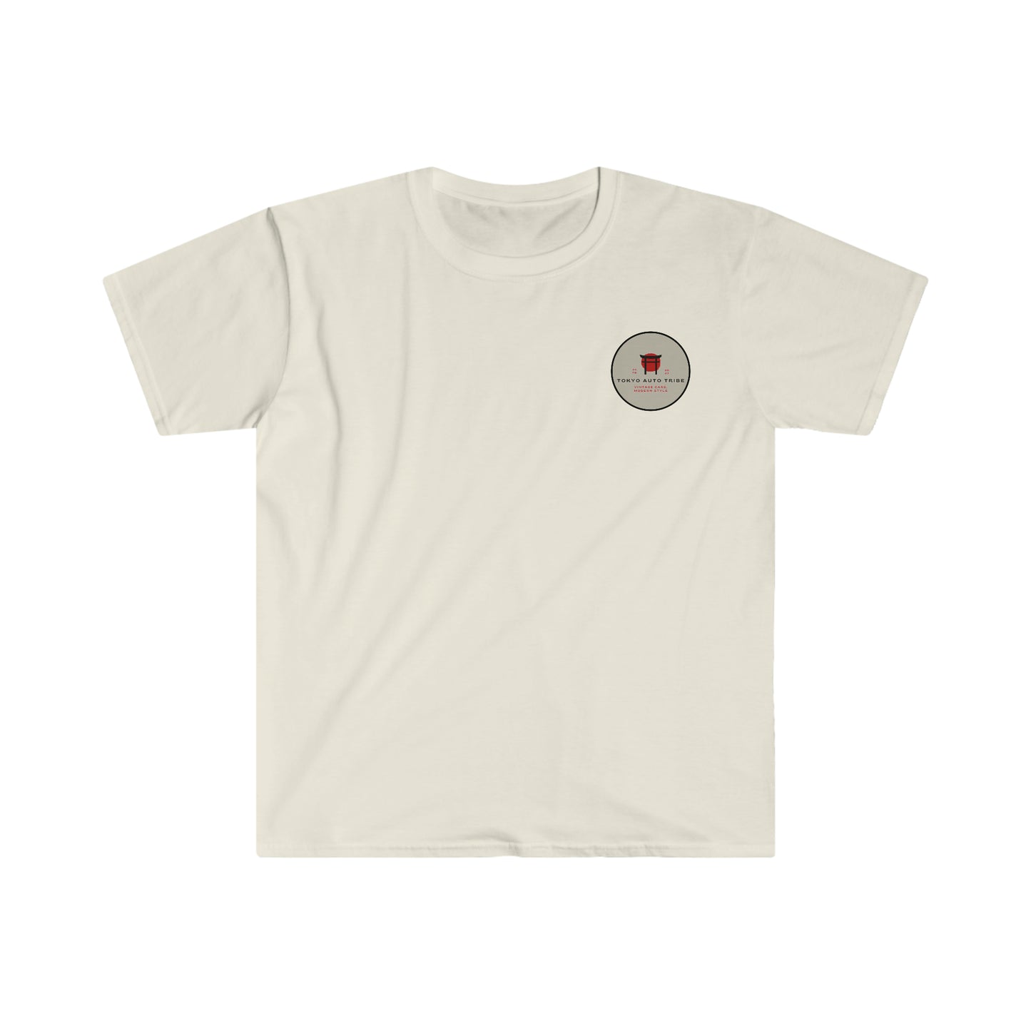 Unbreakable Spirit T-Shirt in light beige featuring a small, circular red and black graphic emblem on the chest inspired by Japanese car culture and tuner lifestyle.