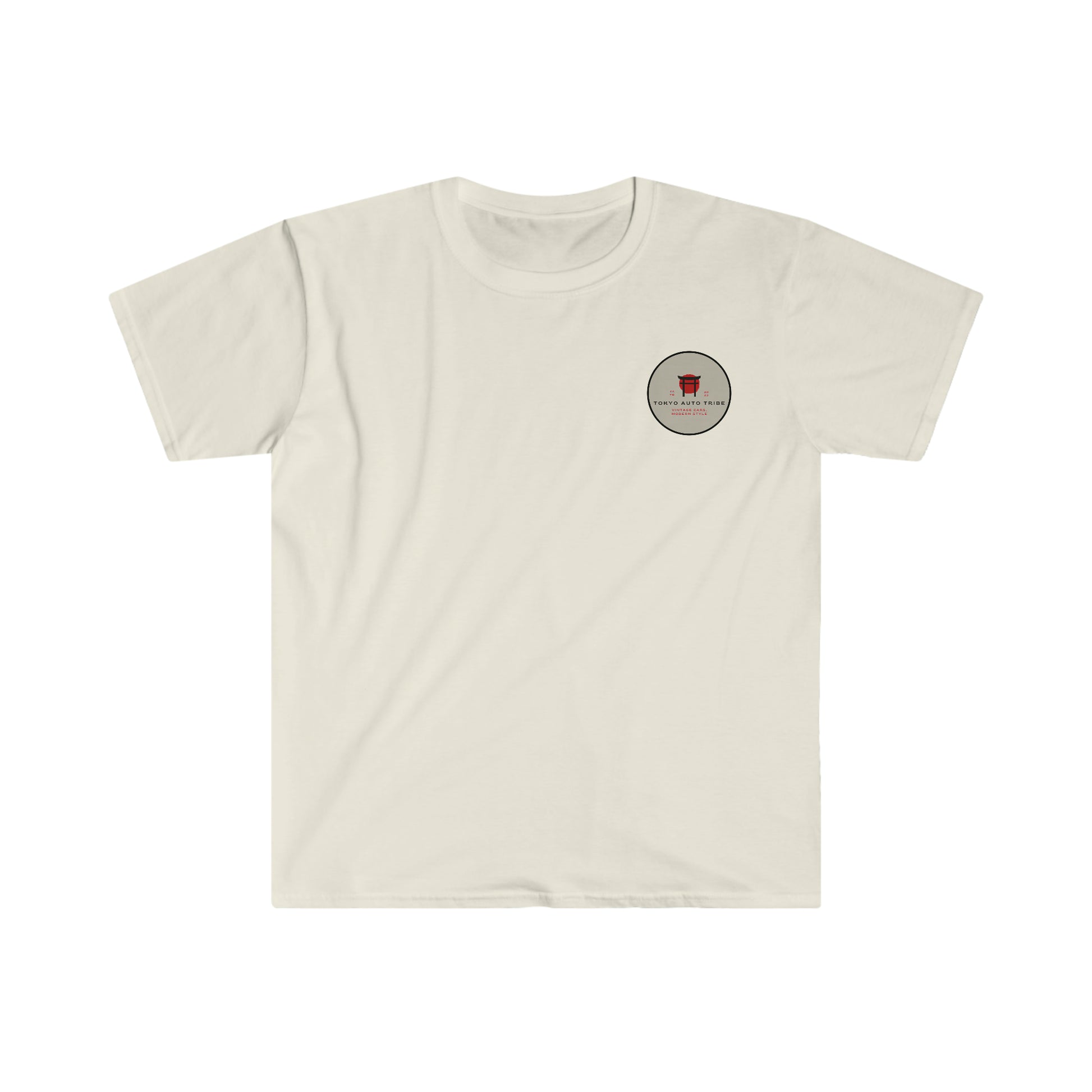 Unbreakable Spirit T-Shirt in light beige featuring a small, circular red and black graphic emblem on the chest inspired by Japanese car culture and tuner lifestyle.