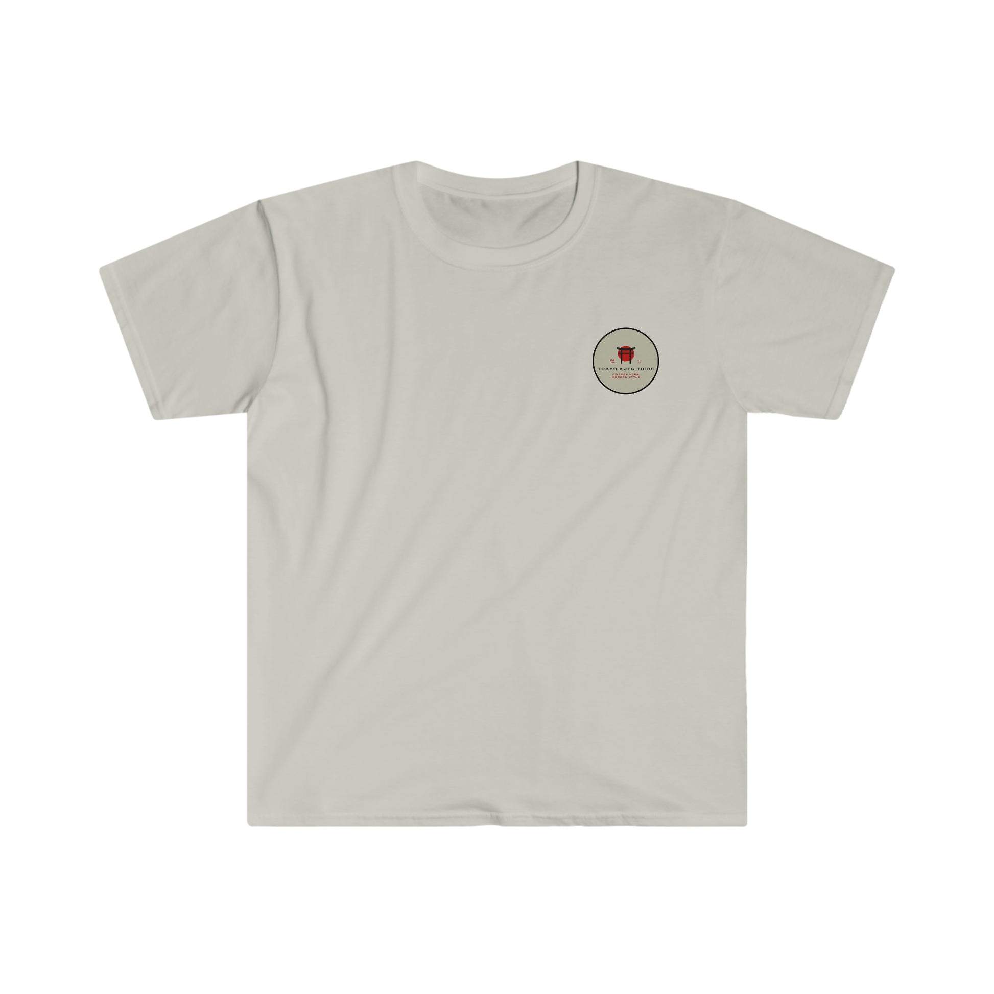 Front view of a light beige Cherry Skies T-Shirt featuring a small, circular red graphic on the upper left chest, perfect for fans of subtle automotive streetwear.