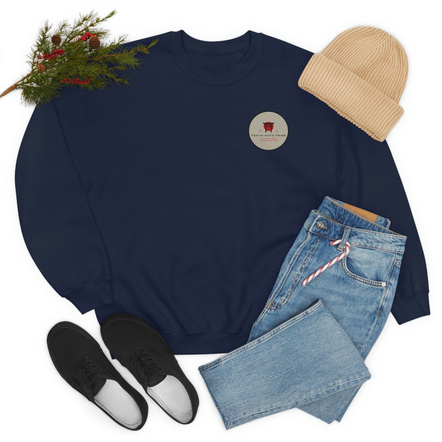 The Family Wagon Sweater in navy blue, styled with casual blue jeans, black sneakers, and a beige knit beanie, perfect for Japanese car culture enthusiasts inspired by late-night drives and drift scenes.