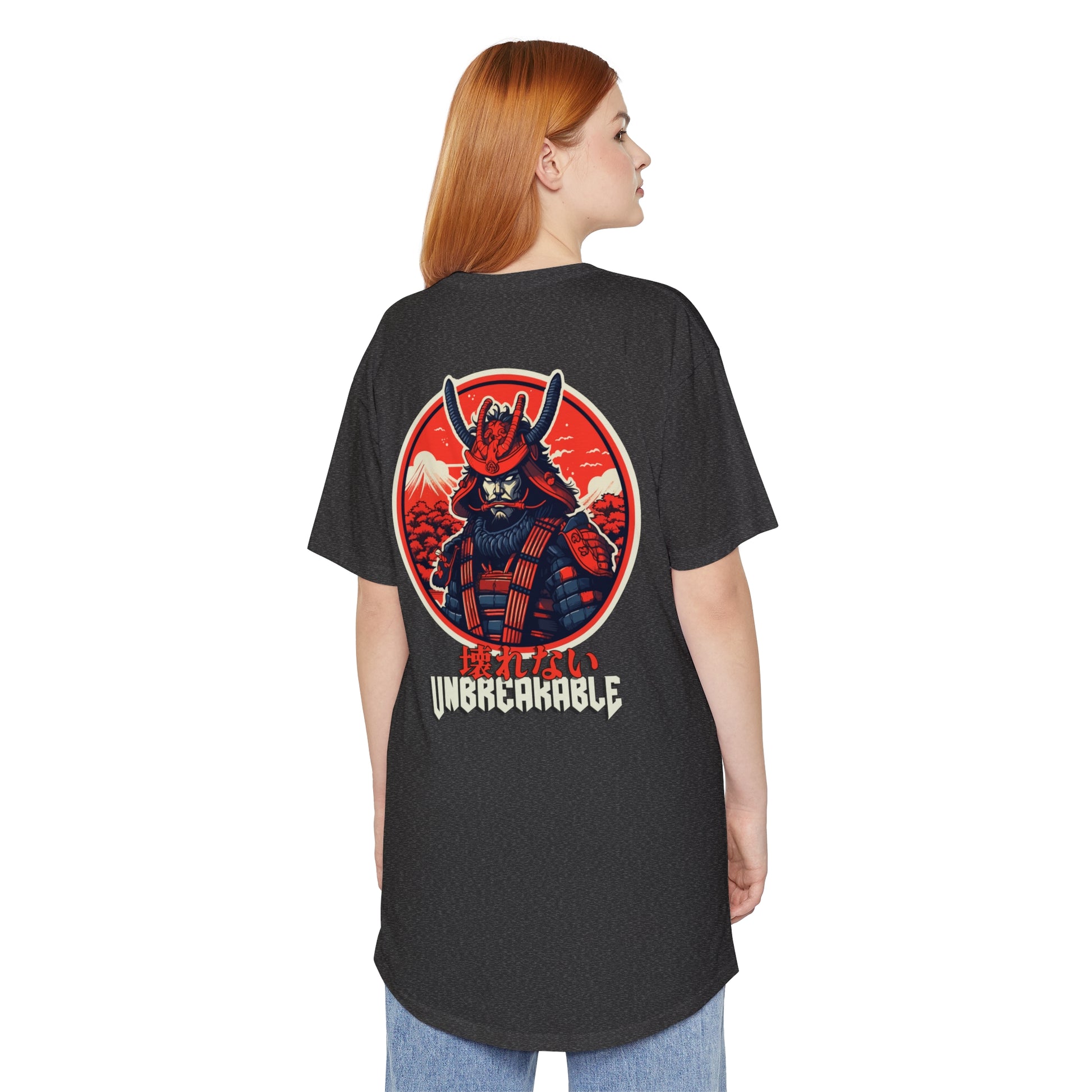 Back view of a person wearing the Unbreakable Spirit oversized T-Shirt featuring a vibrant graphic of a samurai warrior with Japanese text and bold "Unbreakable" lettering, embodying the culture of resilience and strength.