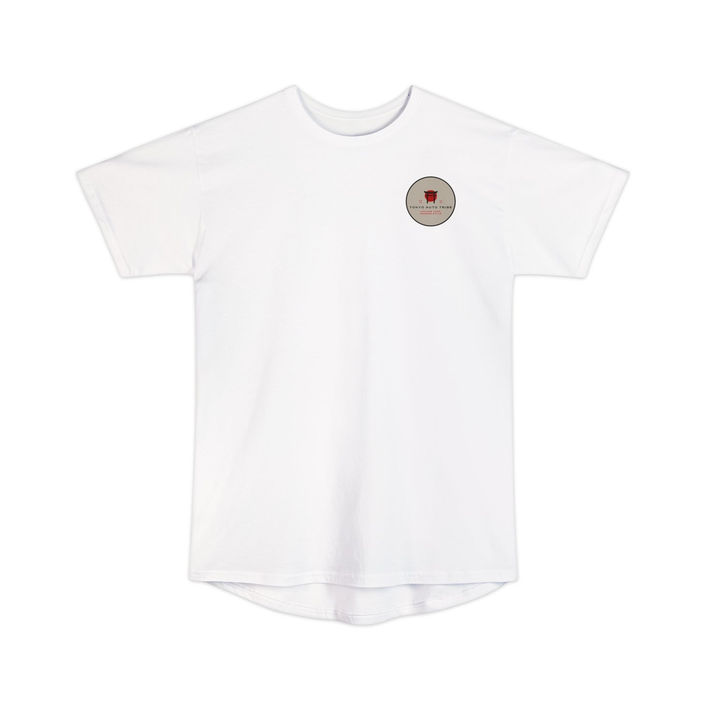 White Unbreakable Spirit oversized T-Shirt featuring a small red and black circular graphic on the chest, designed for fans of Japanese car culture and late-night drives.