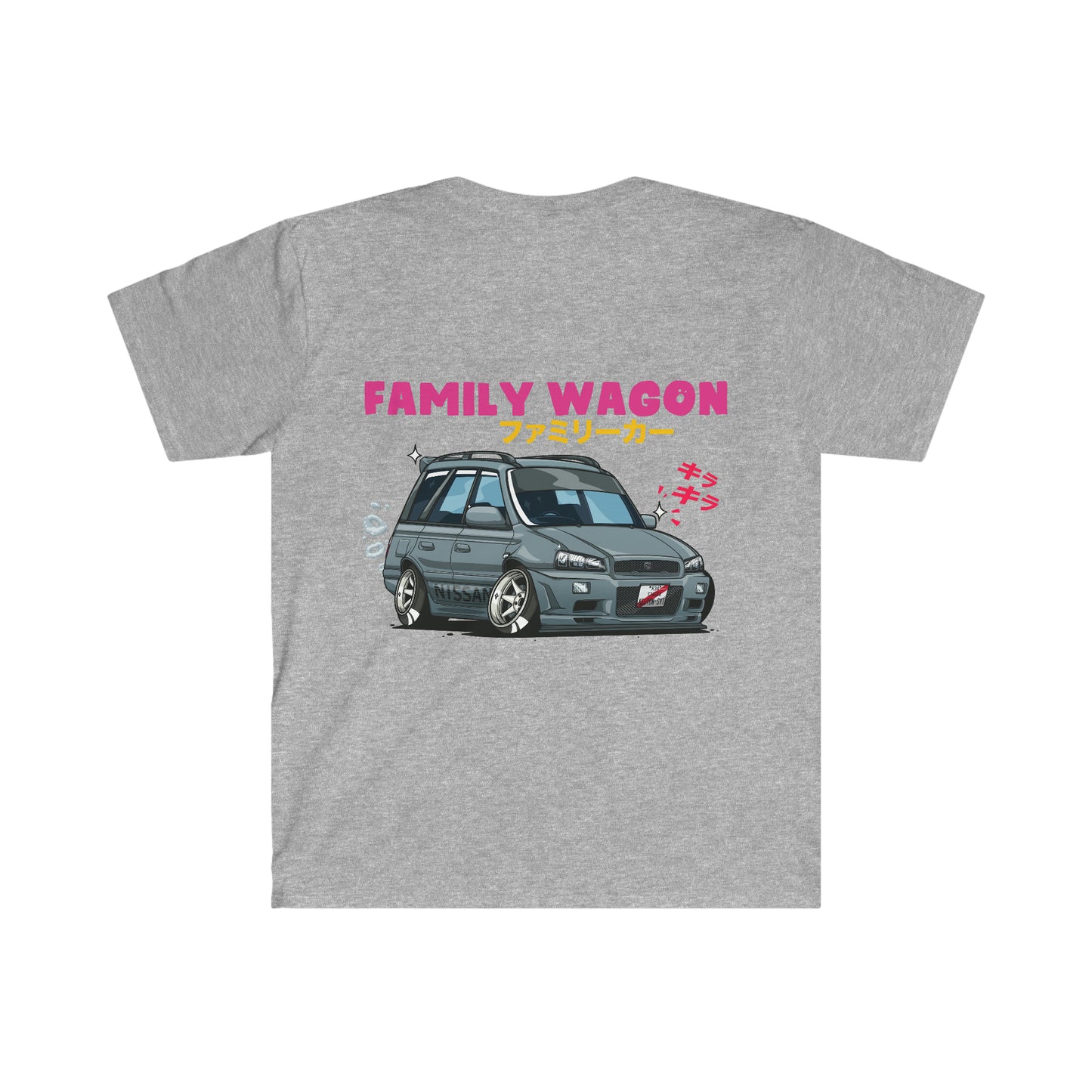 Grey Family Wagon Cartoon T-Shirt featuring a stylized, lowered family van graphic with vibrant pink "FAMILY WAGON" text and Japanese characters, celebrating Japanese car culture.