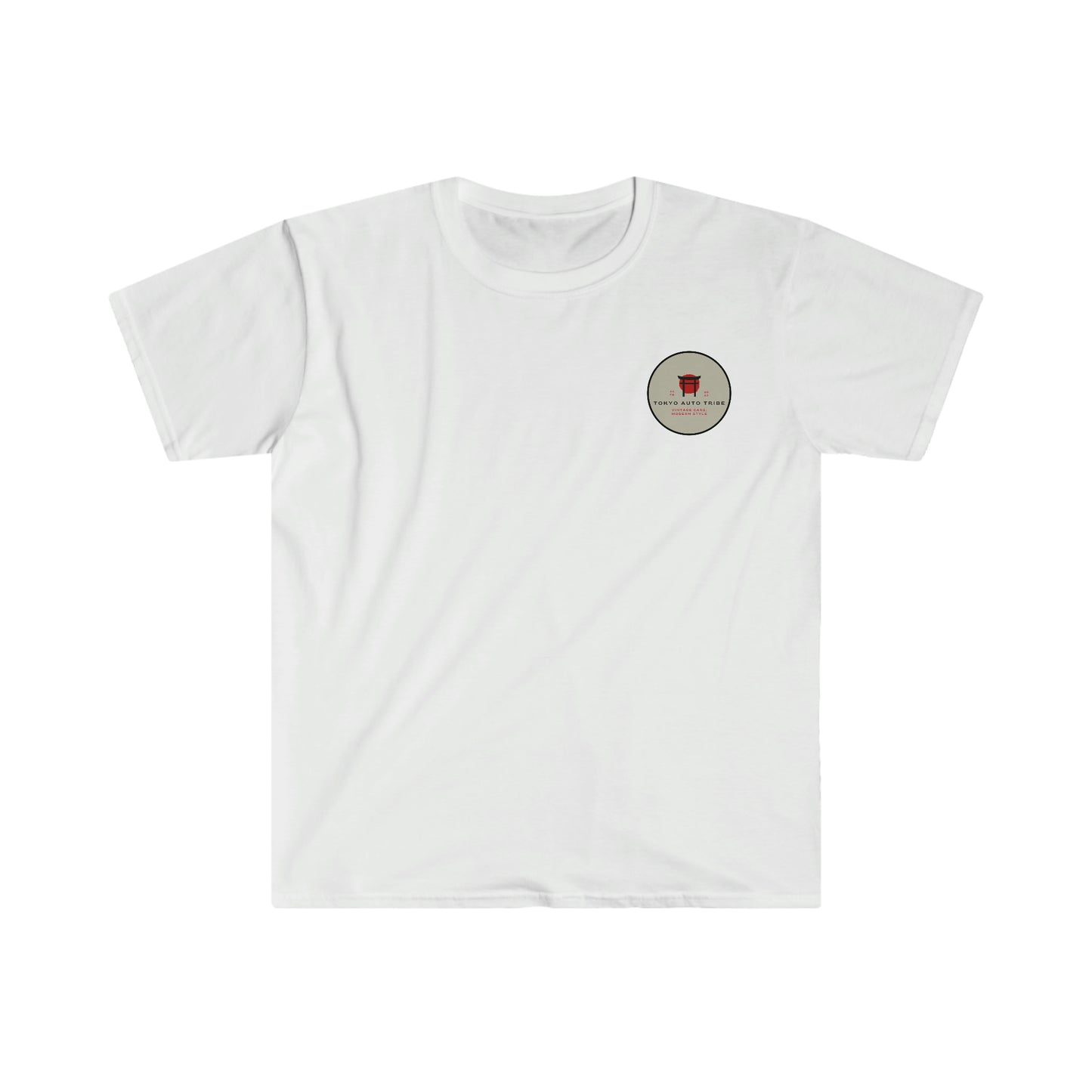White Groovy Grocery Runner T-Shirt featuring a small circular graphic on the chest inspired by Japanese car culture, perfect for fans of automotive streetwear and tuner lifestyle.