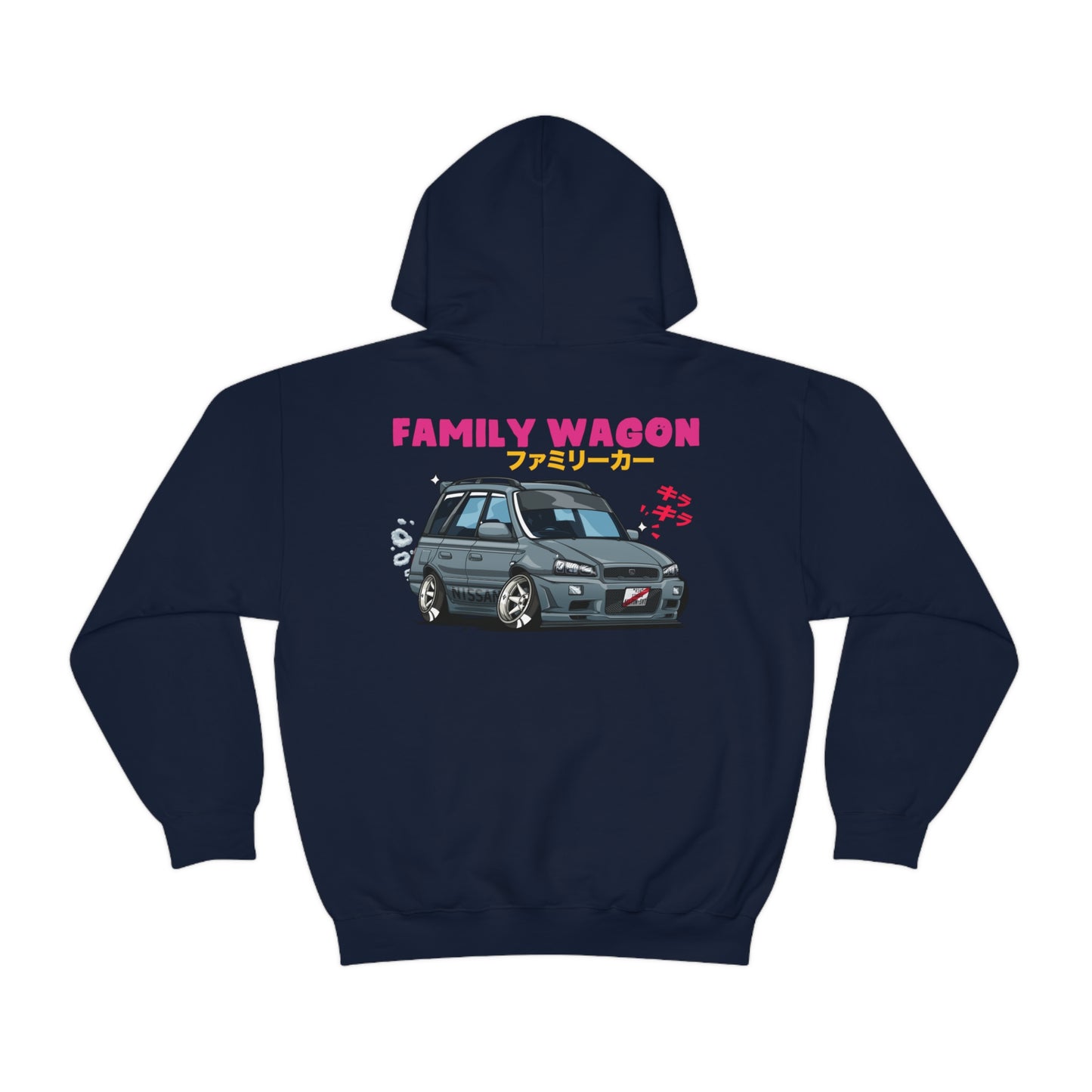 Back of navy Wagon Chibi Hoodie featuring a cartoon-style grey wagon car with Japanese characters and "FAMILY WAGON" text, embodying JDM streetwear culture.