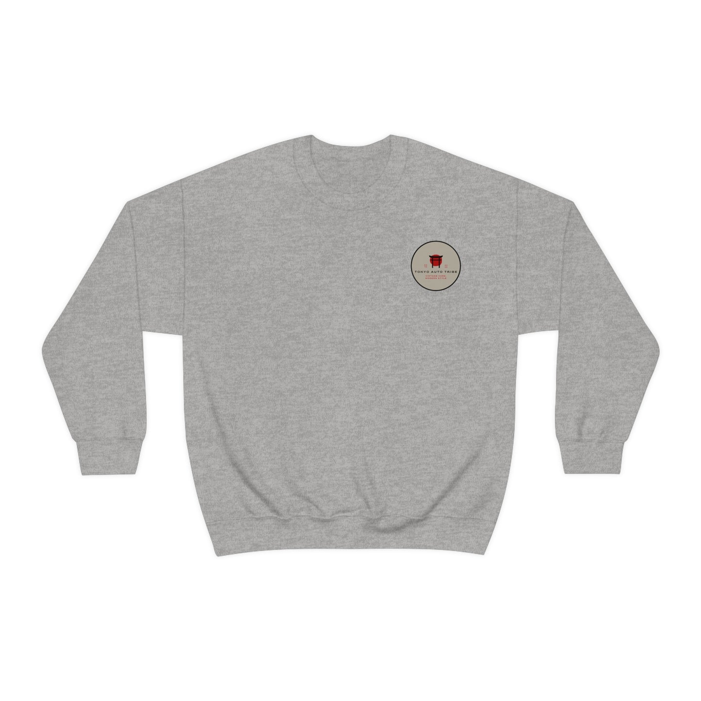 Gray crewneck Wagon Chibi Sweater featuring a small circular Japanese car culture-themed graphic on the chest, designed for enthusiasts of late-night drives and drift culture.