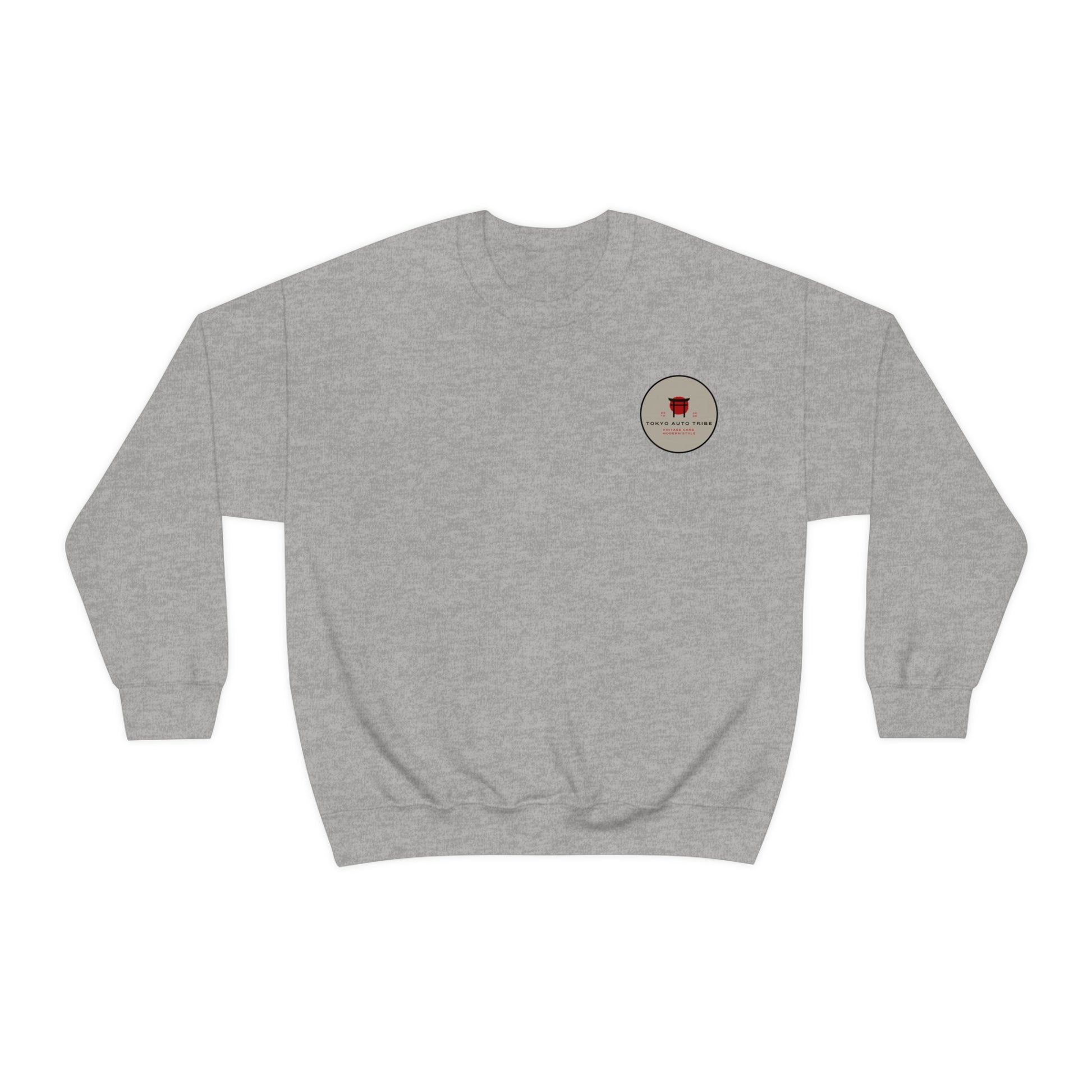 Gray crewneck Wagon Chibi Sweater featuring a small circular Japanese car culture-themed graphic on the chest, designed for enthusiasts of late-night drives and drift culture.