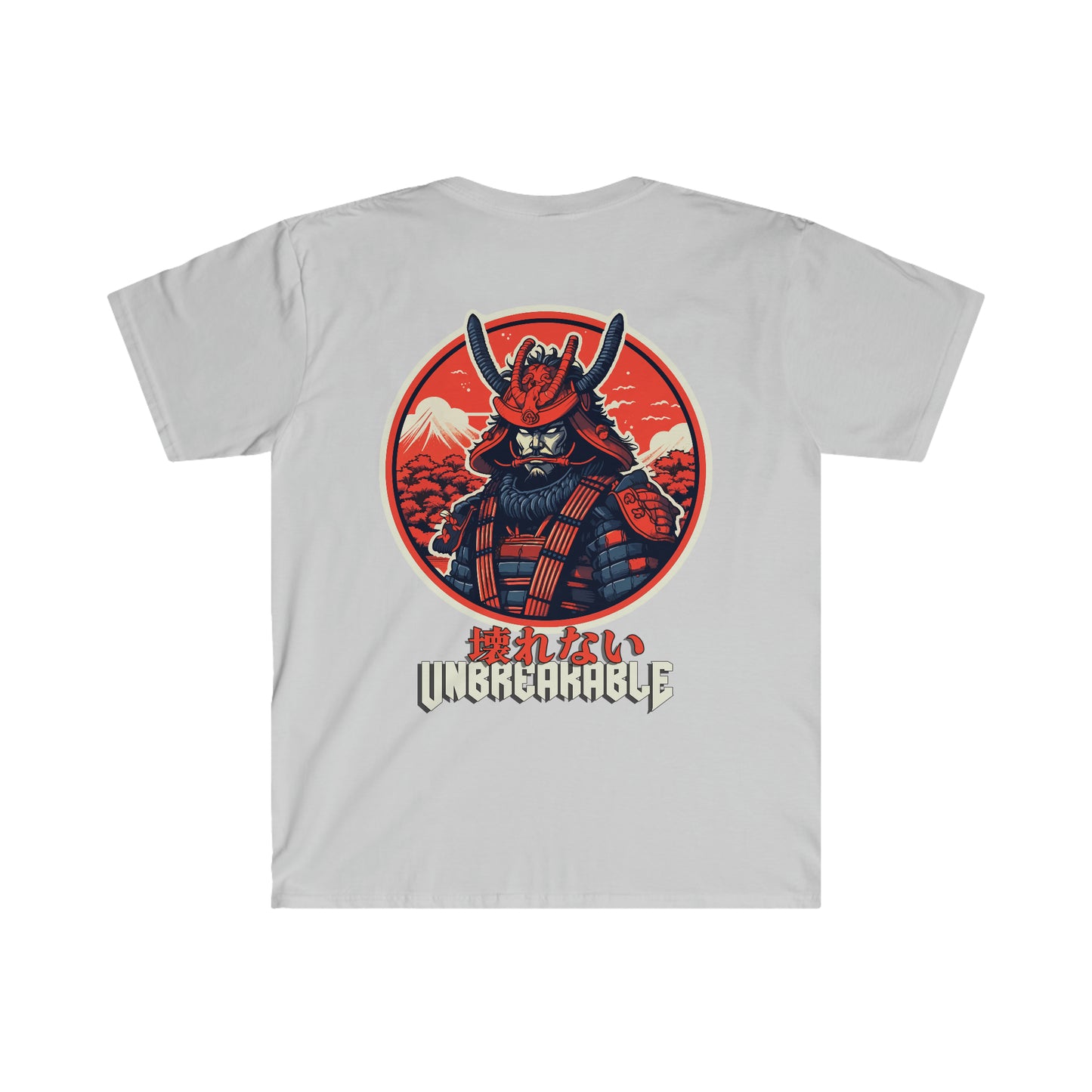 White Unbreakable Spirit T-Shirt featuring a bold graphic of a samurai warrior in traditional armor against a red circular background with Japanese characters and the word Unbreakable below.