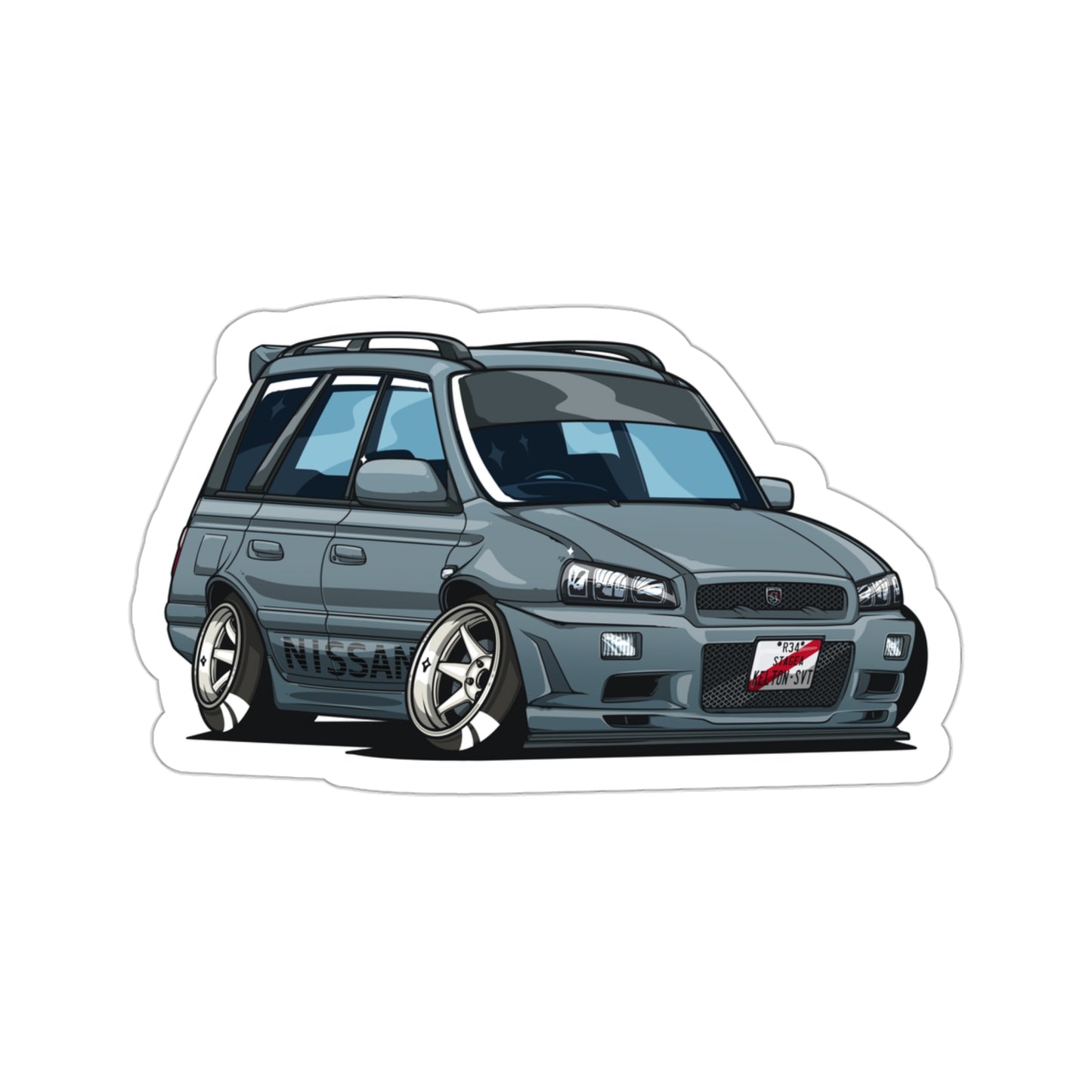 Illustration of a lowered gray Nissan wagon with wide tires and sporty rims, featuring detailed shading and stylized design, perfect for the Wagon Wonder Sticker.