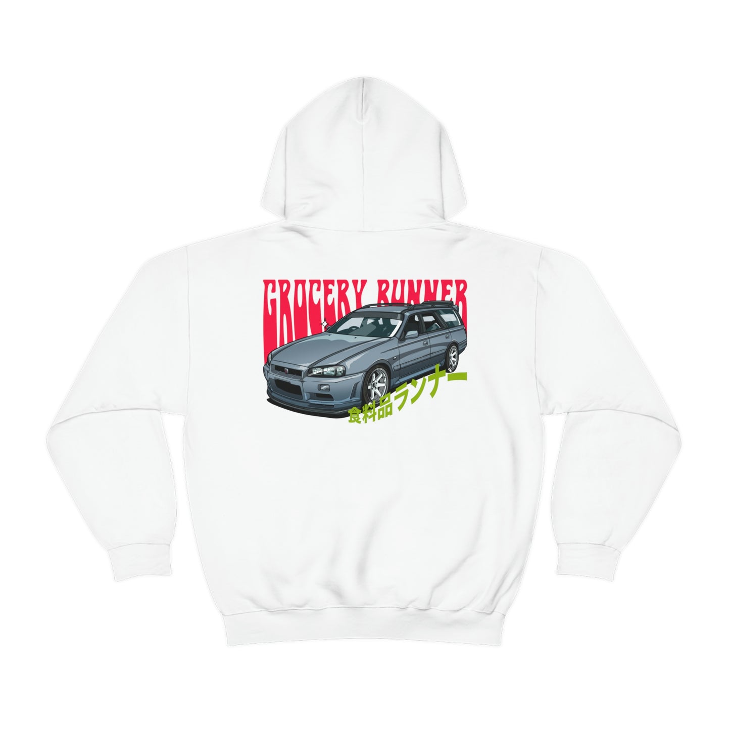 White Groovy Grocery Runner Hoodie featuring a detailed graphic of a gray Japanese tuner car with bold red and neon green lettering, inspired by JDM streetwear and late-night drive culture.