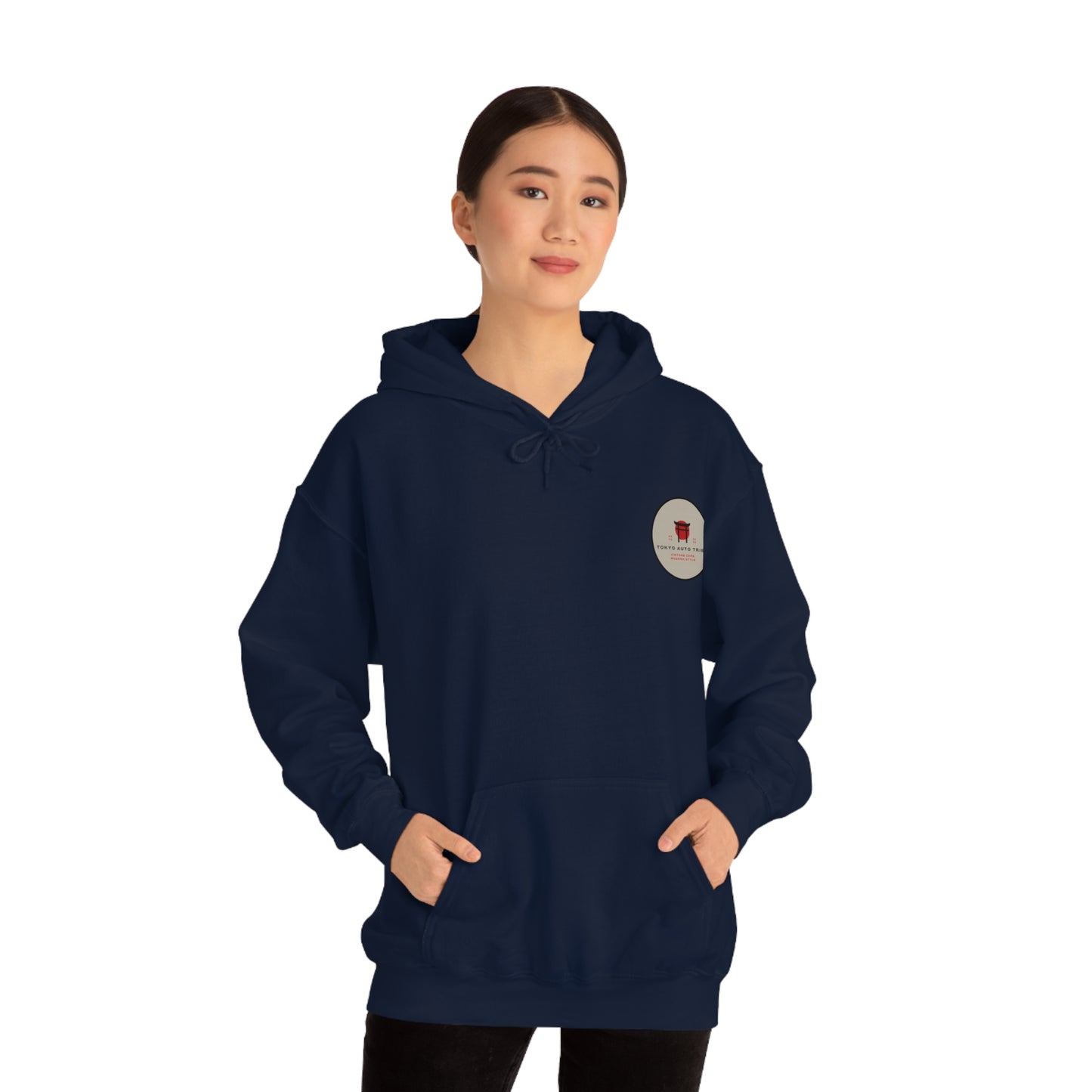 Young woman wearing a navy blue Wagon Chibi Hoodie featuring a small red graphic on the chest, styled for fans of Japanese car culture and late-night drives.