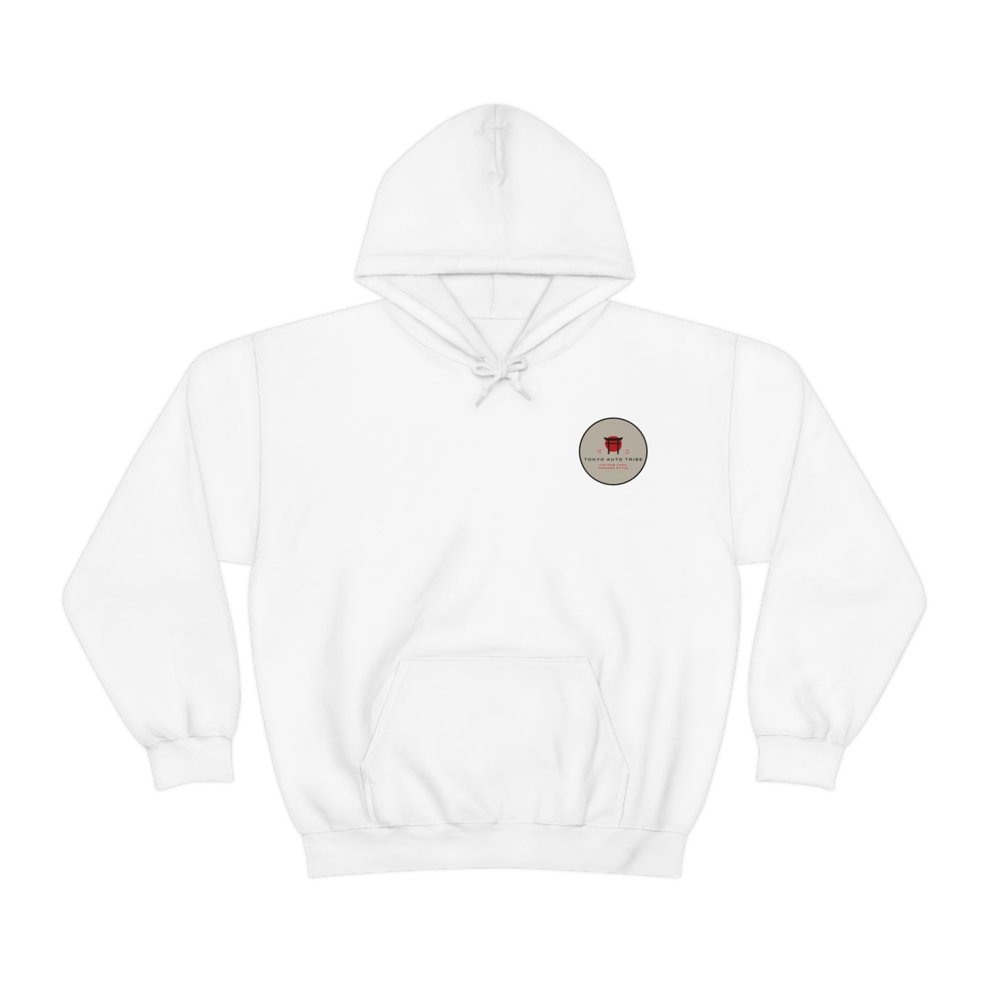 White hoodie with a small round graphic on the chest featuring a red car and Japanese-inspired design, the Wagon Chibi Hoodie embodies Tokyo Auto Tribe's drift and tuner culture.