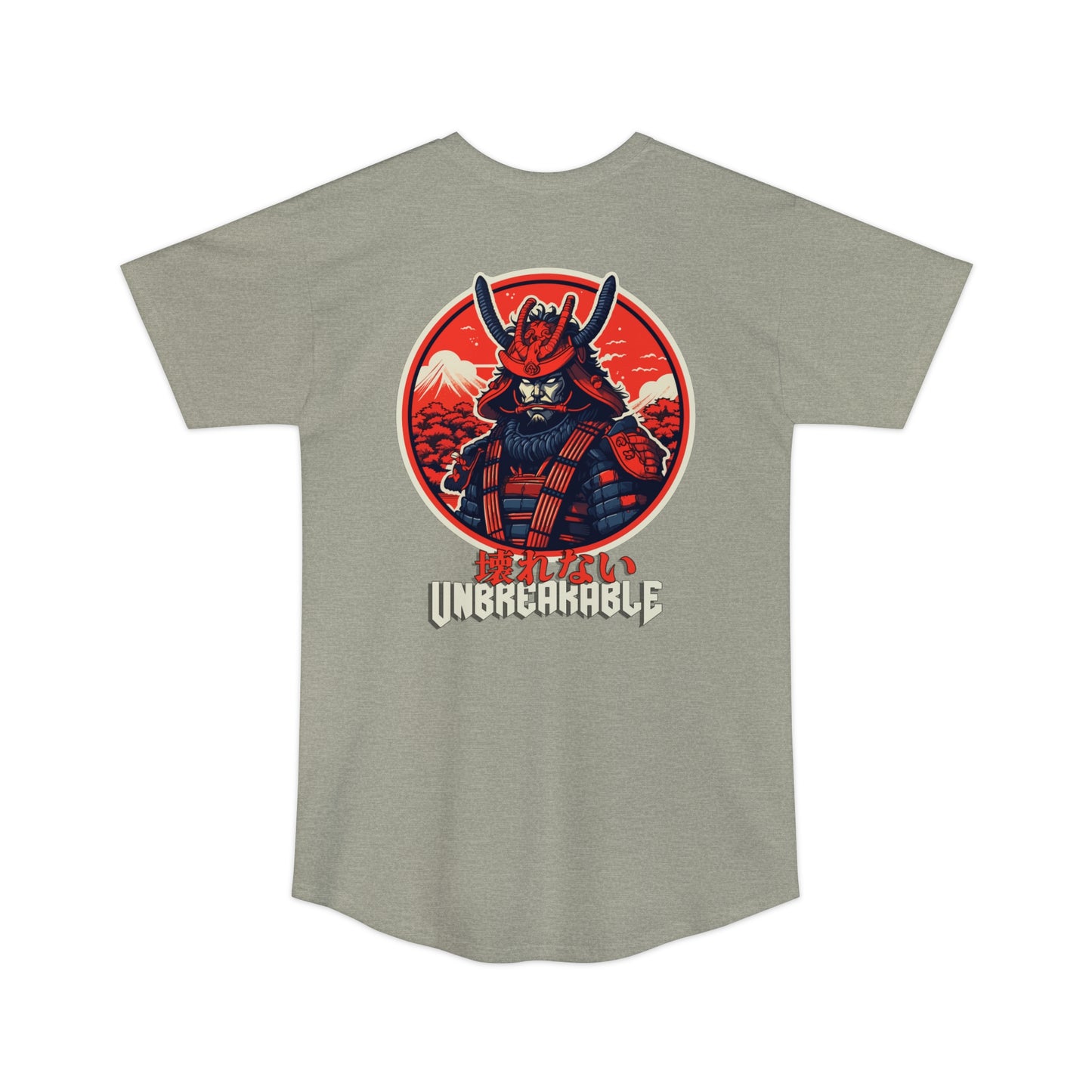 Light gray Unbreakable Spirit oversized T-Shirt featuring a bold graphic of a samurai warrior in red and black armor with a red circular background and Japanese text above the word Unbreakable.