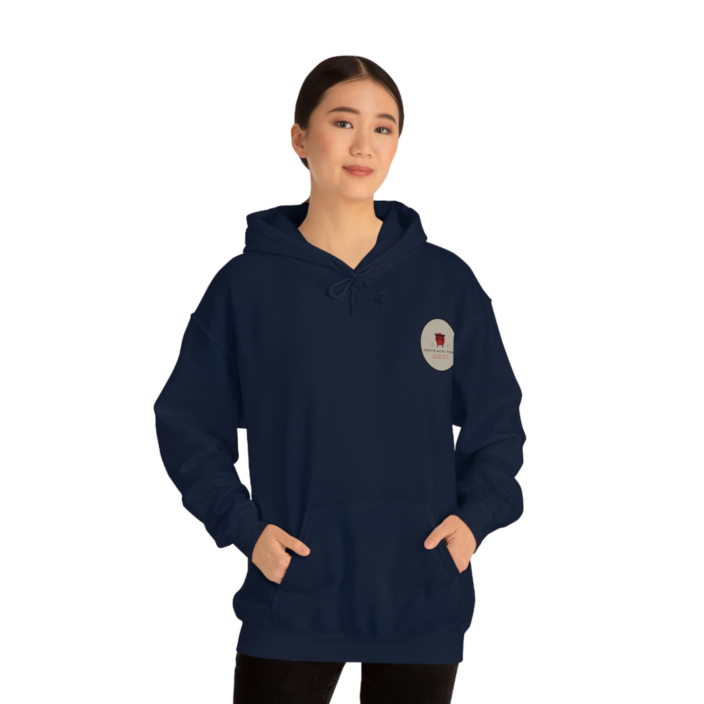 Woman wearing a navy blue Groovy Grocery Runner Hoodie with a small graphic logo on the chest, styled for Japanese car culture and late-night drive enthusiasts.