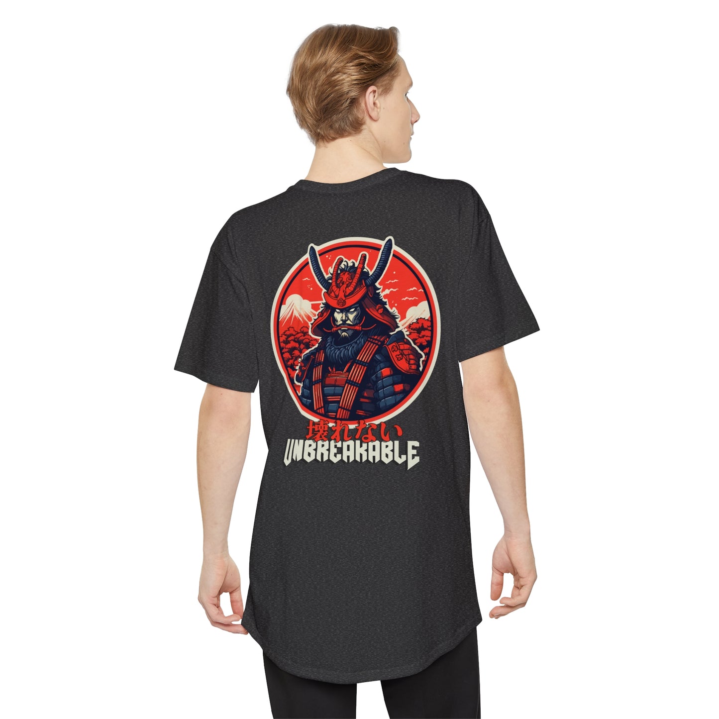 Back view of a person wearing the Unbreakable Spirit oversized T-Shirt featuring a bold graphic of a samurai warrior in red and black with a mountainous background and the word Unbreakable below, inspired by Japanese car culture and the spirit of resilience.