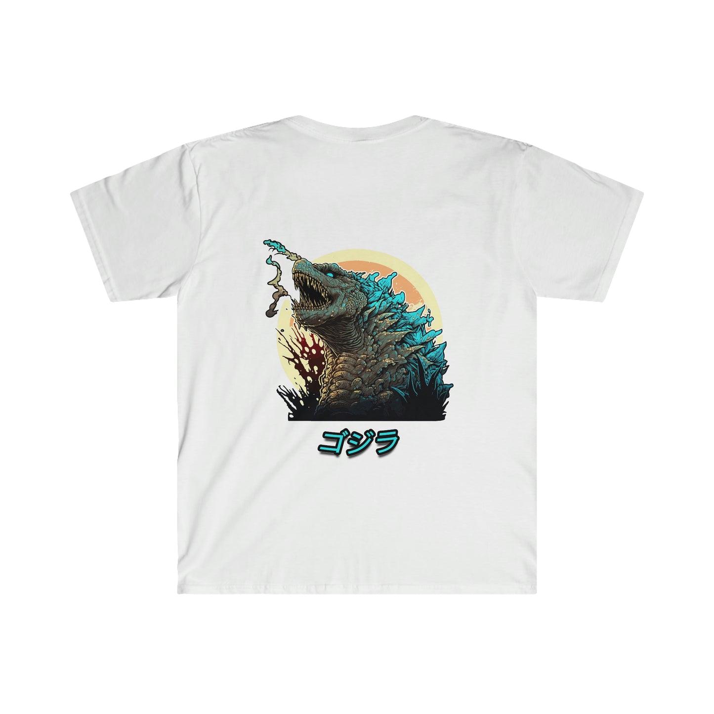 White Godzilla Fury T-Shirt featuring a detailed graphic of Godzilla breathing atomic breath with a sunset background and Japanese text below the image.