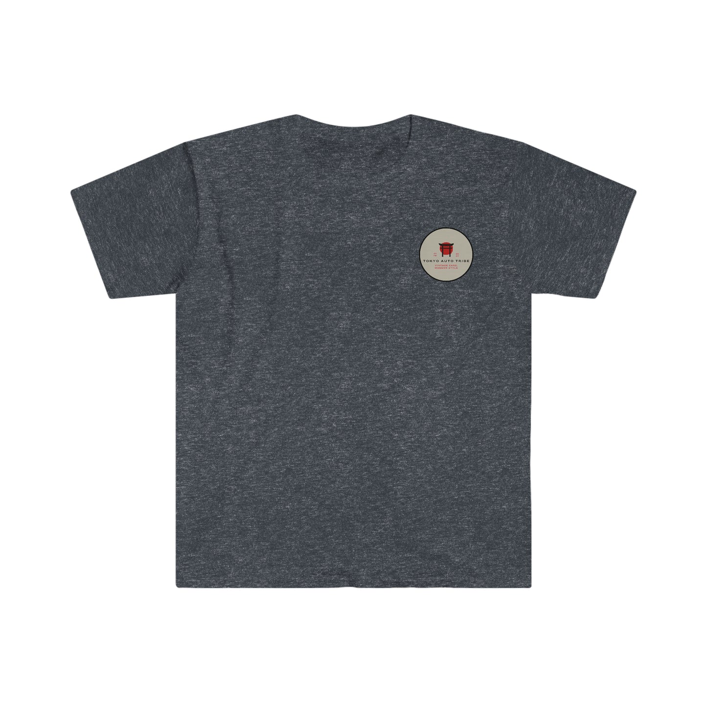 Back view of a heather charcoal Unbreakable Spirit T-Shirt featuring a small circular emblem near the neckline, designed for fans of Japanese car culture and streetwear.