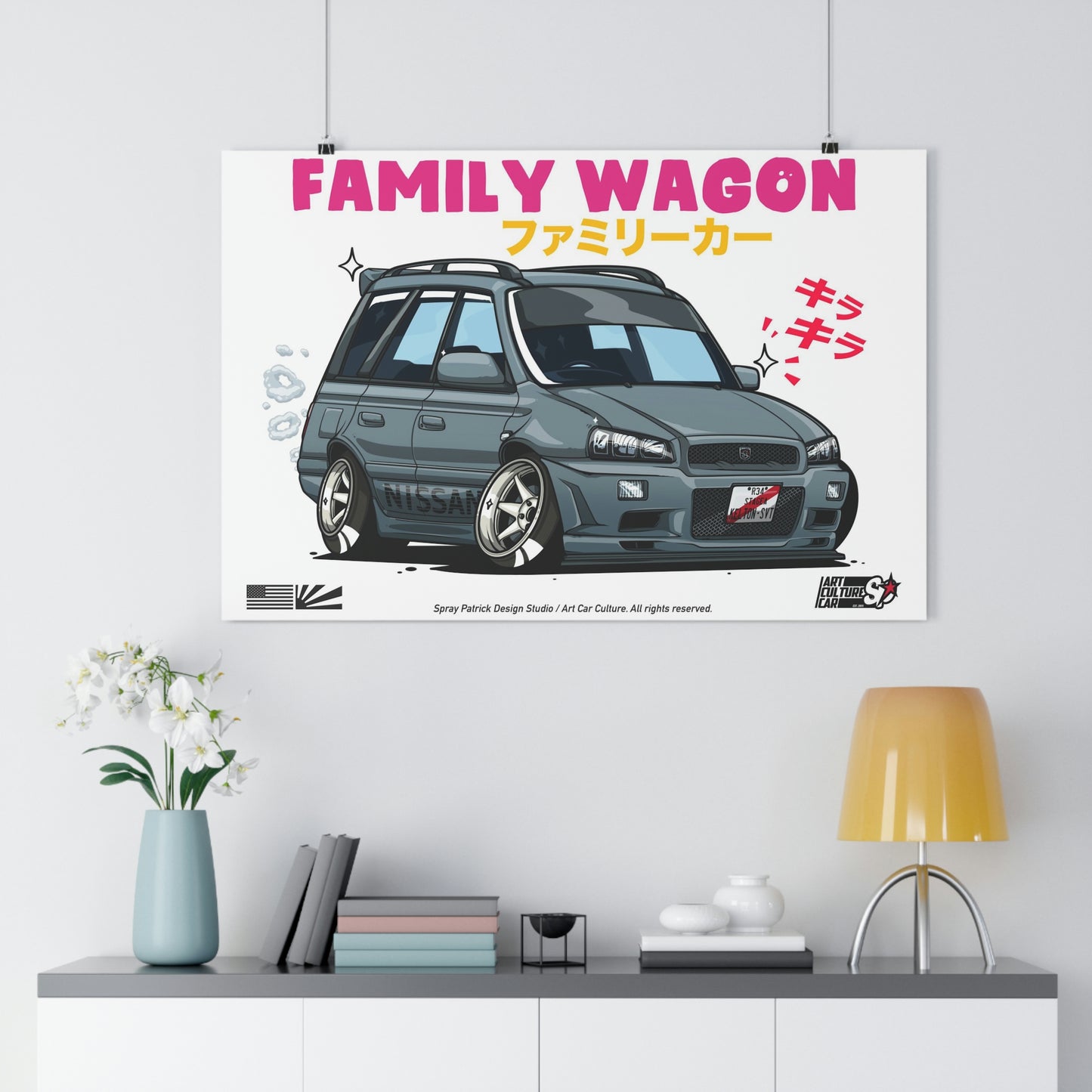 Wagon Wonder Poster featuring a stylized illustration of a customized Nissan family wagon with lowered stance and wide wheels, celebrating Japanese car culture and tuner style.