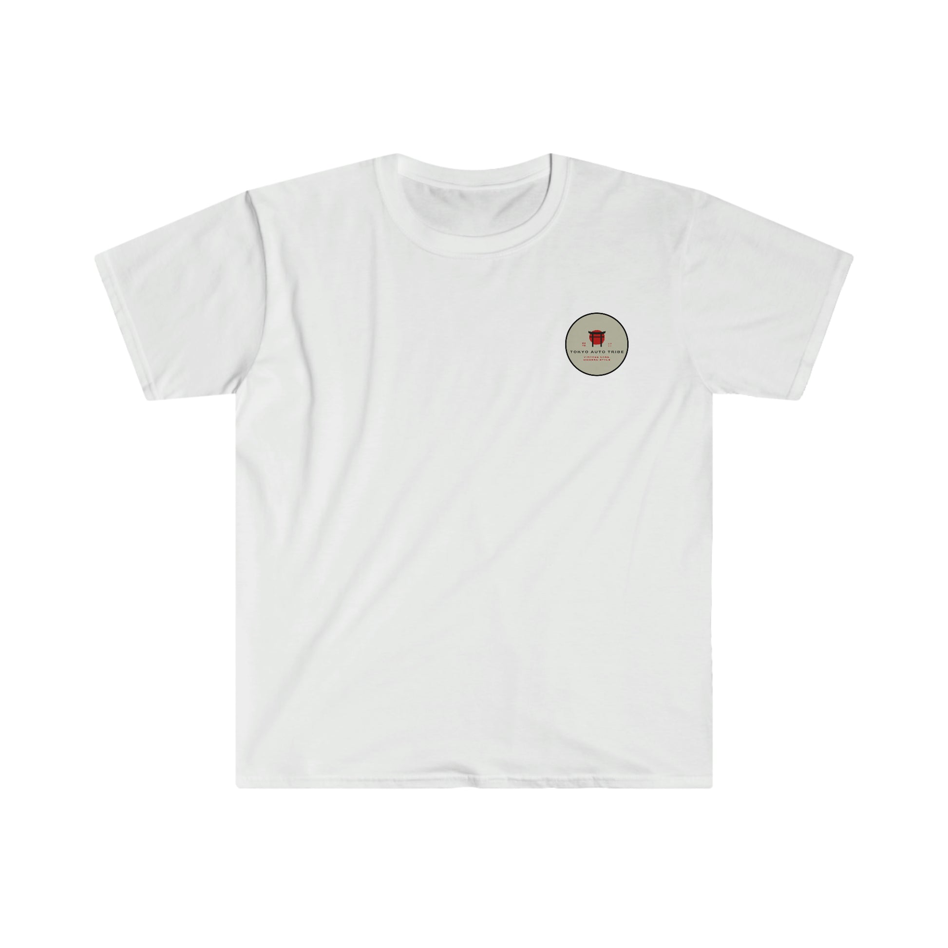 White short-sleeve Cherry Skies T-Shirt featuring a small round graphic with a red design on the left chest, perfect for fans of JDM and automotive streetwear.