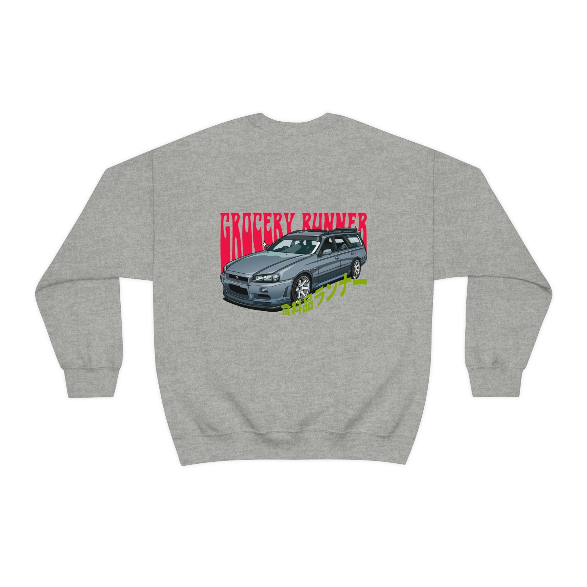 Grey sweatshirt featuring a detailed graphic of a modified car with the text "The Family Wagon Sweater" designed for fans of Japanese tuner culture and drift lifestyle.