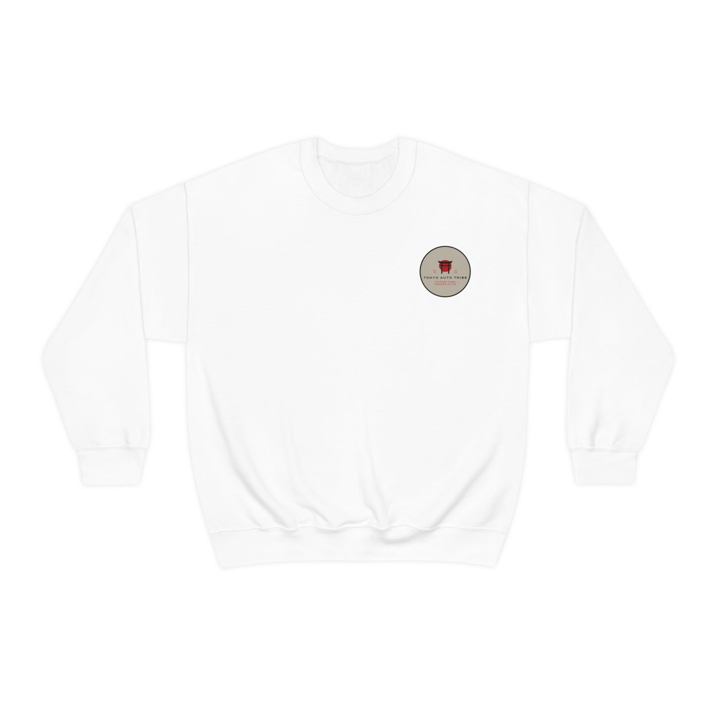 White crewneck Wagon Chibi Sweater featuring a small circular graphic on the chest with Japanese car culture inspired design, perfect for fans of drift and tuner scenes.