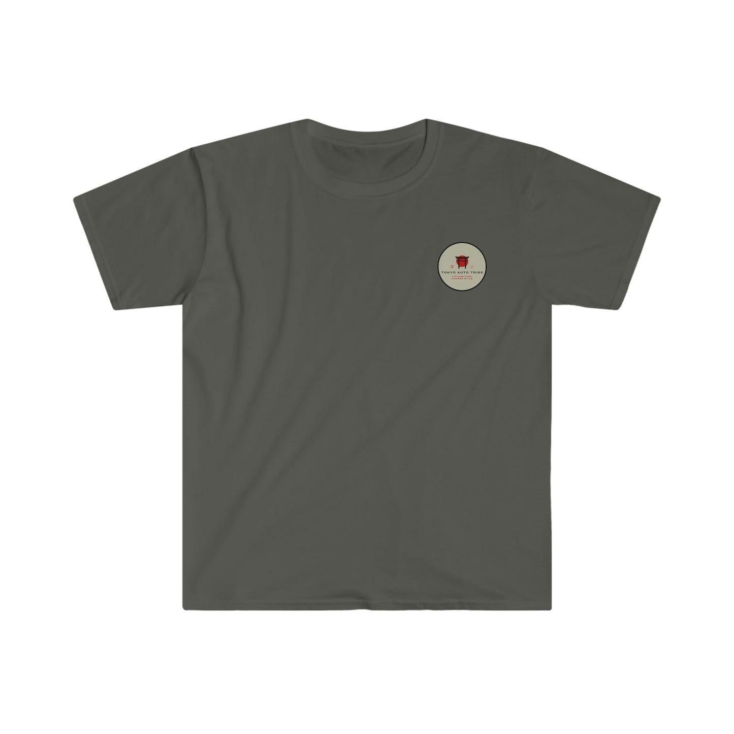 Dark gray graphic tee featuring a small round emblem on the chest with a red design and text, styled as the Cherry Skies T-Shirt for casual car culture fans.