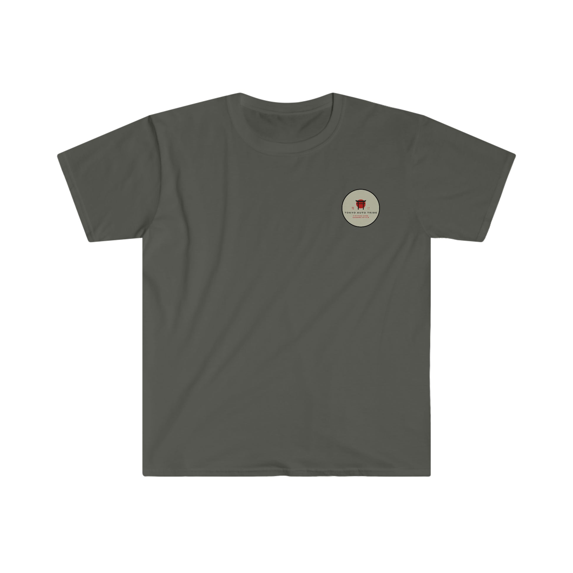 Dark gray graphic tee featuring a small round emblem on the chest with a red design and text, styled as the Cherry Skies T-Shirt for casual car culture fans.