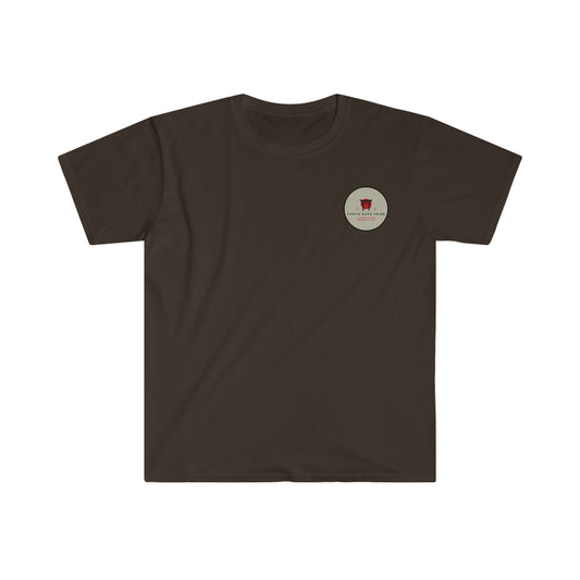Dark brown Paradise of Speed T-Shirt featuring a small circular graphic with a red car silhouette and text on the chest, offering minimalist automotive streetwear style.