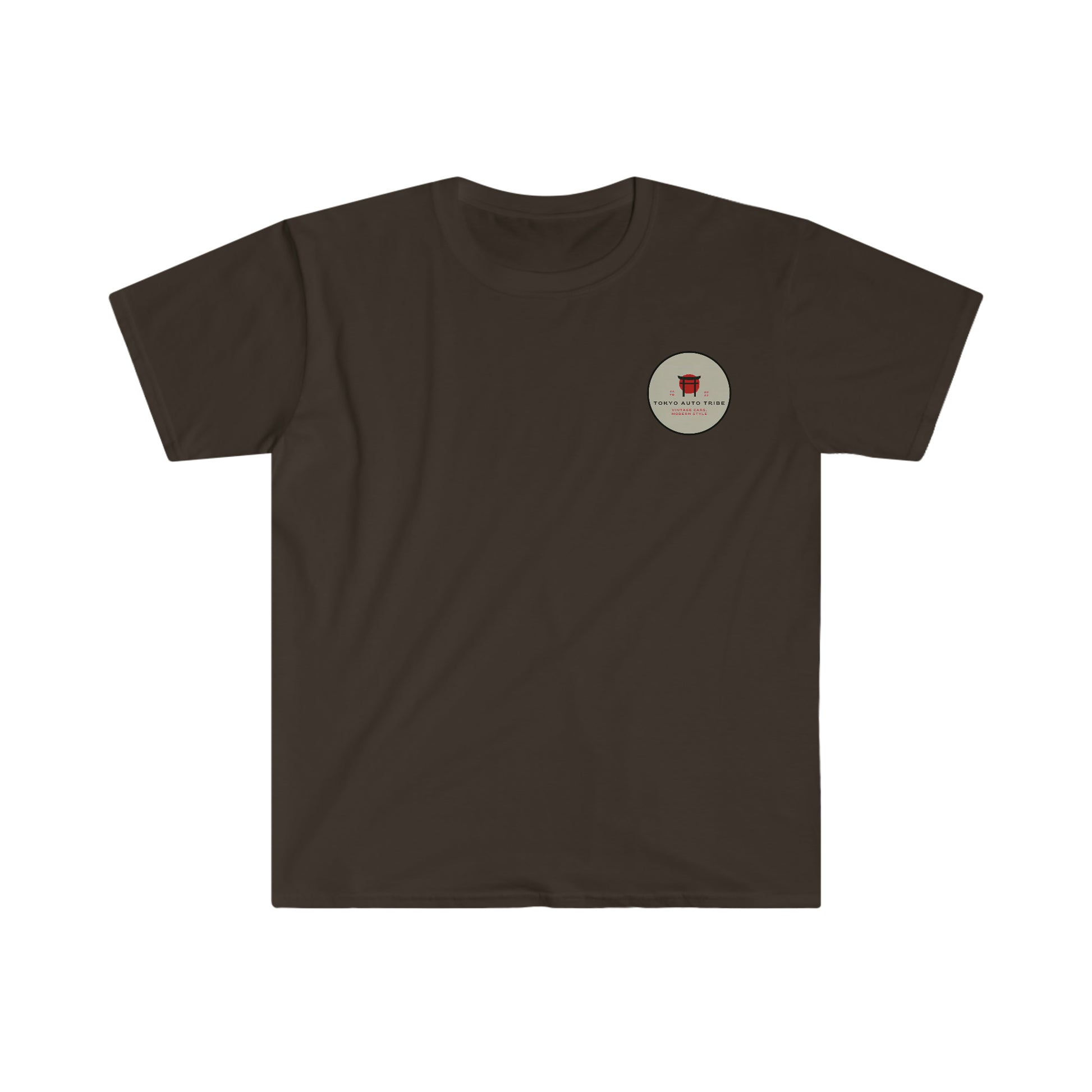 Mount Fuji Serenity T-Shirt in dark brown featuring a small red graphic emblem on the chest, inspired by Japanese car culture and tuner lifestyle enthusiasts.