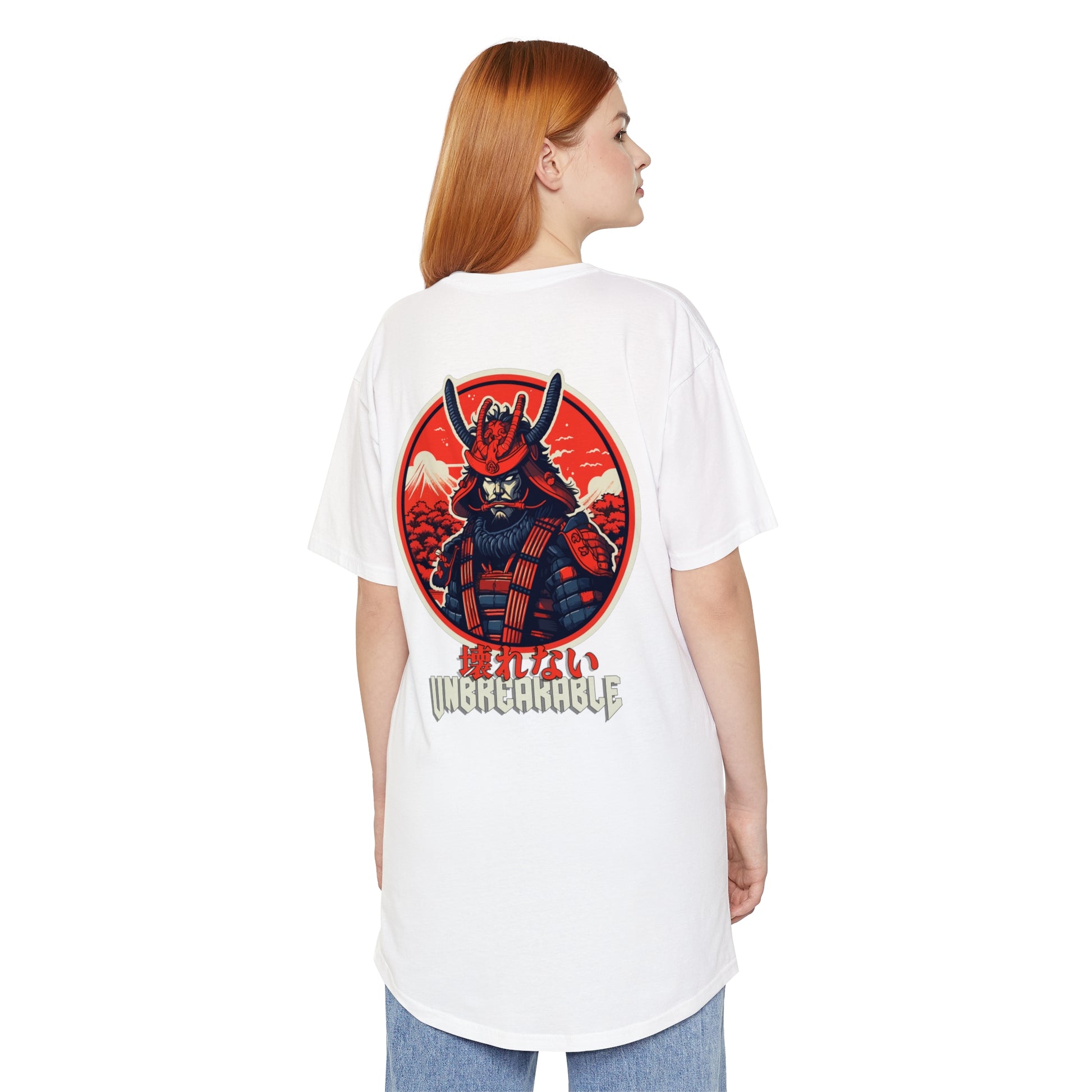 Woman wearing a white Unbreakable Spirit oversized T-Shirt featuring a bold graphic of a fierce samurai warrior in traditional armor with a red circular background, embodying Japanese car culture and late-night drive vibes.