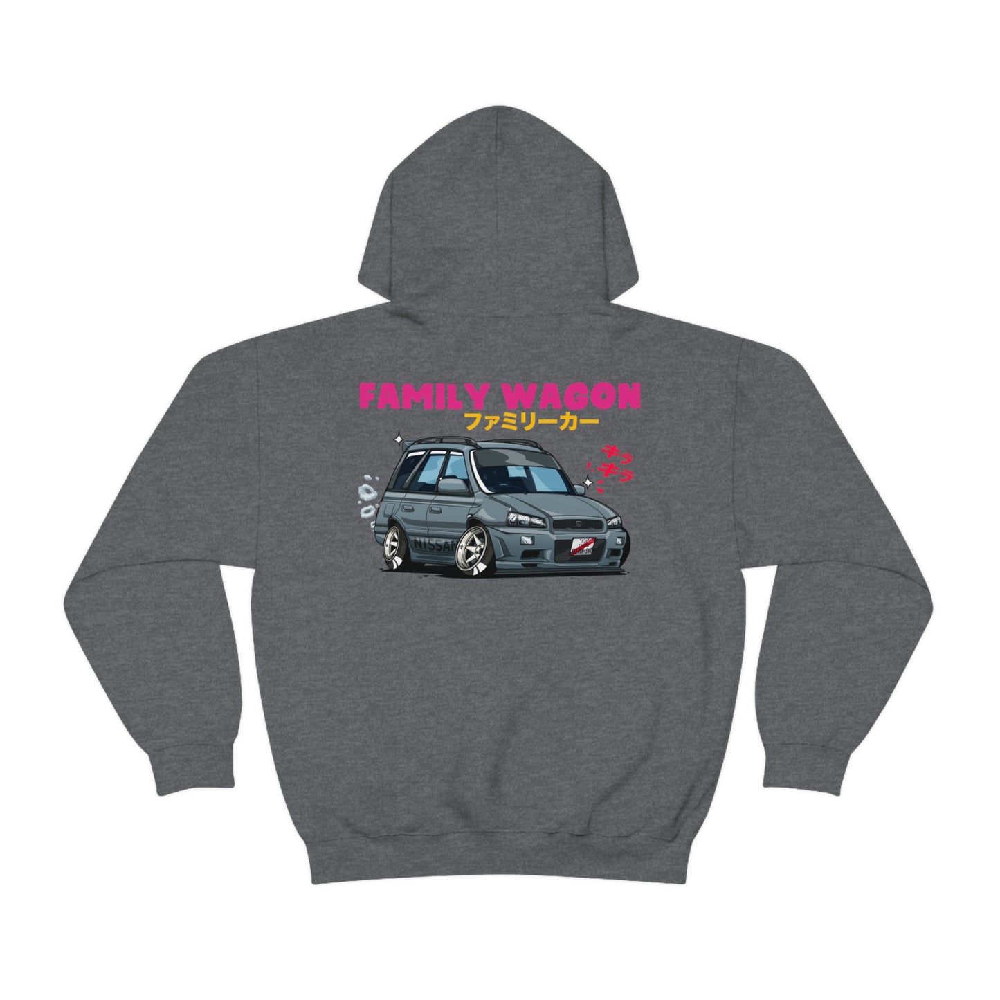 Heather gray Wagon Chibi Hoodie featuring a stylized cartoon family wagon car graphic with Japanese text and bright pink "FAMILY WAGON" lettering, capturing the spirit of JDM streetwear and late-night tuner culture.