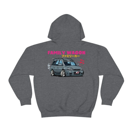 Heather gray Wagon Chibi Hoodie featuring a stylized cartoon family wagon car graphic with Japanese text and bright pink "FAMILY WAGON" lettering, capturing the spirit of JDM streetwear and late-night tuner culture.