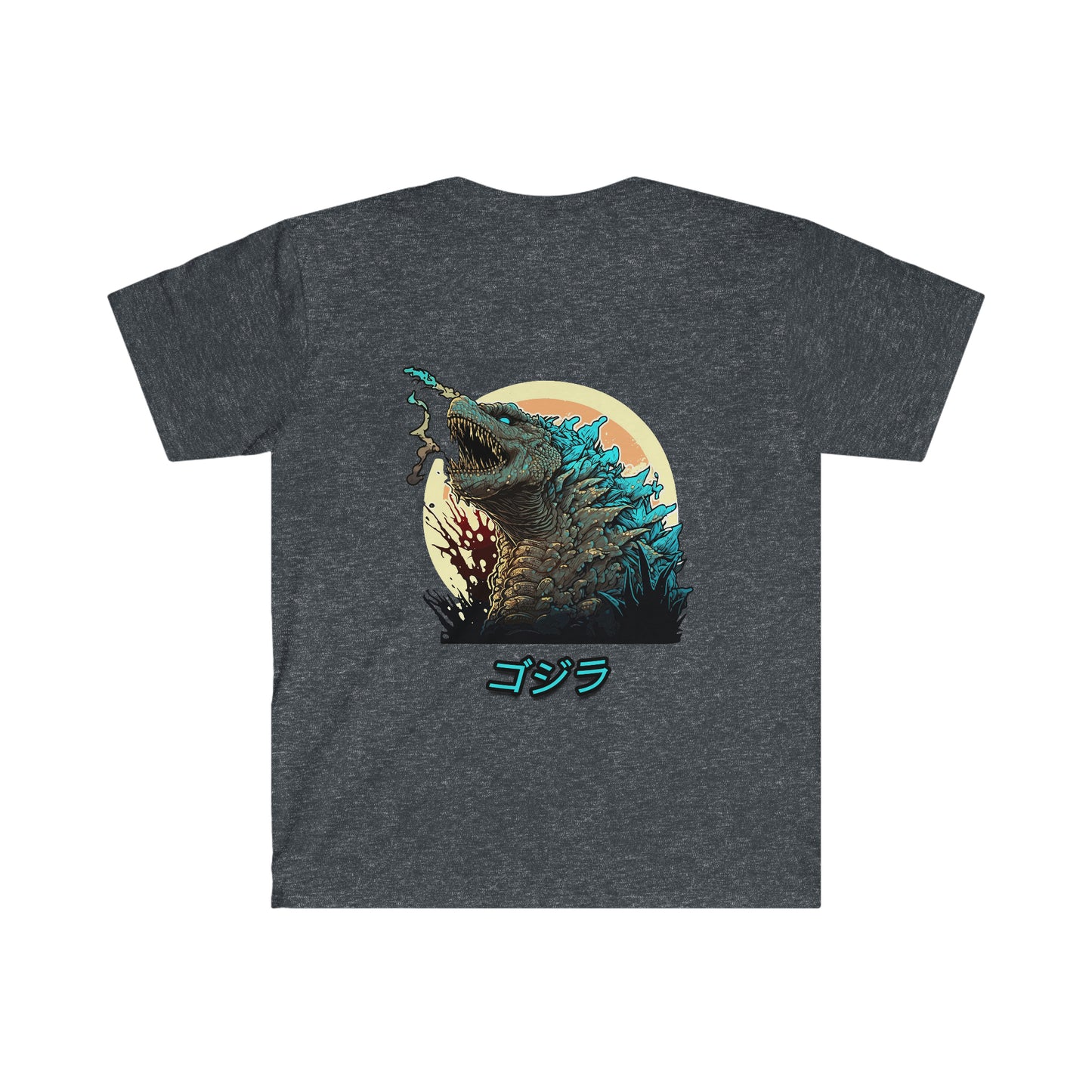 Dark grey Godzilla Fury T-Shirt featuring a detailed graphic of Godzilla with glowing blue spikes and Japanese text beneath, set against a sunset background.