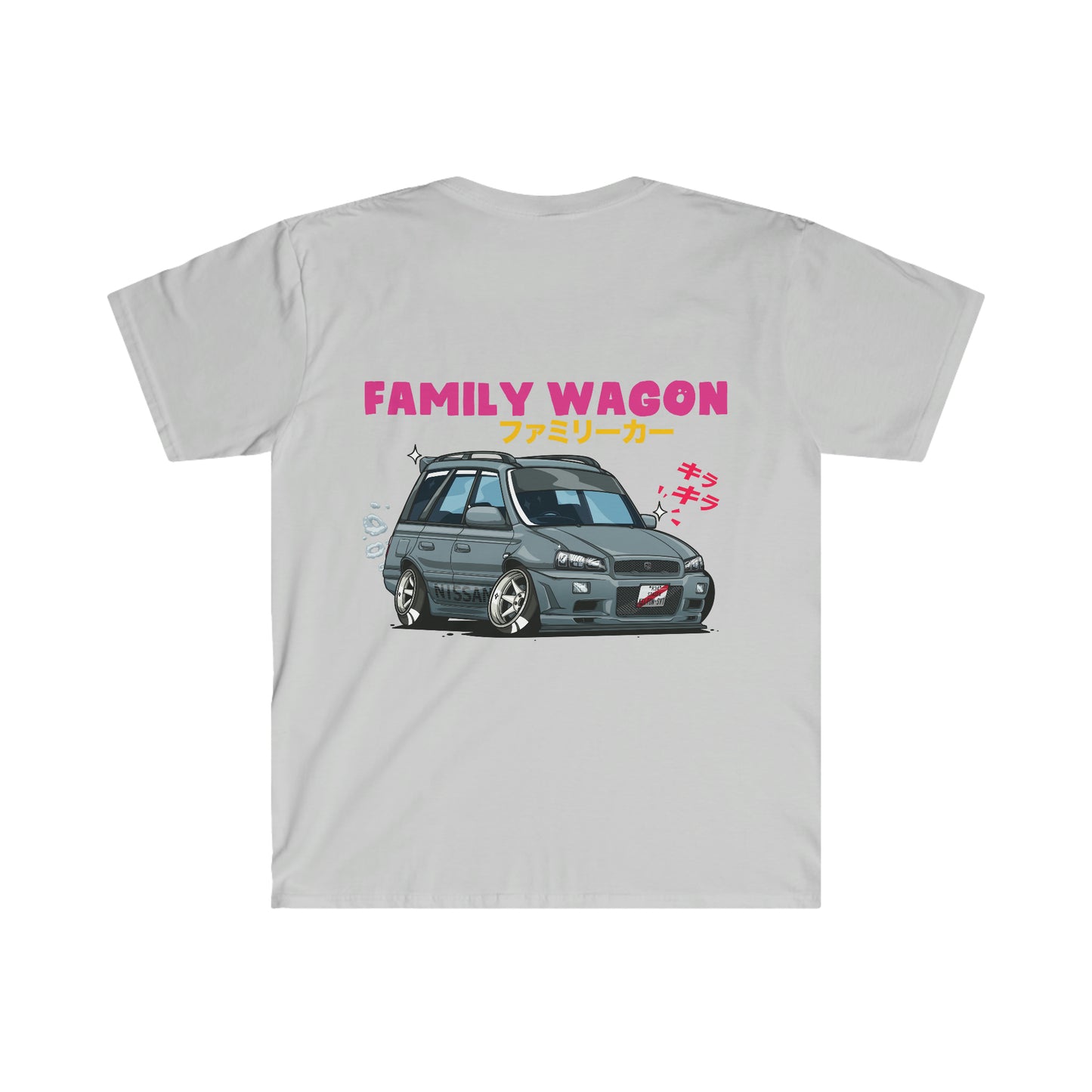 Light gray Family Wagon Cartoon T-Shirt featuring a stylized blue family wagon car with lowered stance and Japanese text, blending JDM streetwear and tuner culture themes.