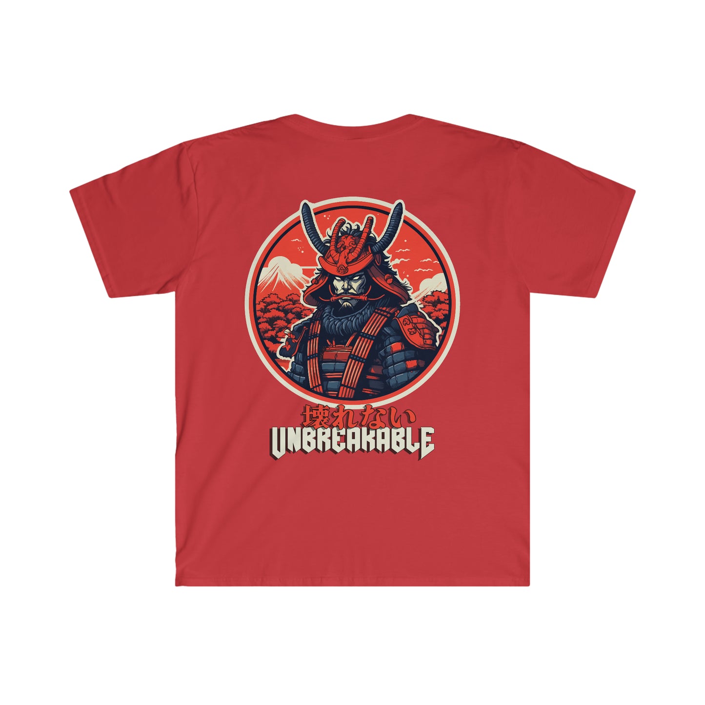 Red Unbreakable Spirit T-Shirt featuring bold graphic of a samurai warrior with mountain and cherry blossom in background, embodying strength and Japanese car culture passion.