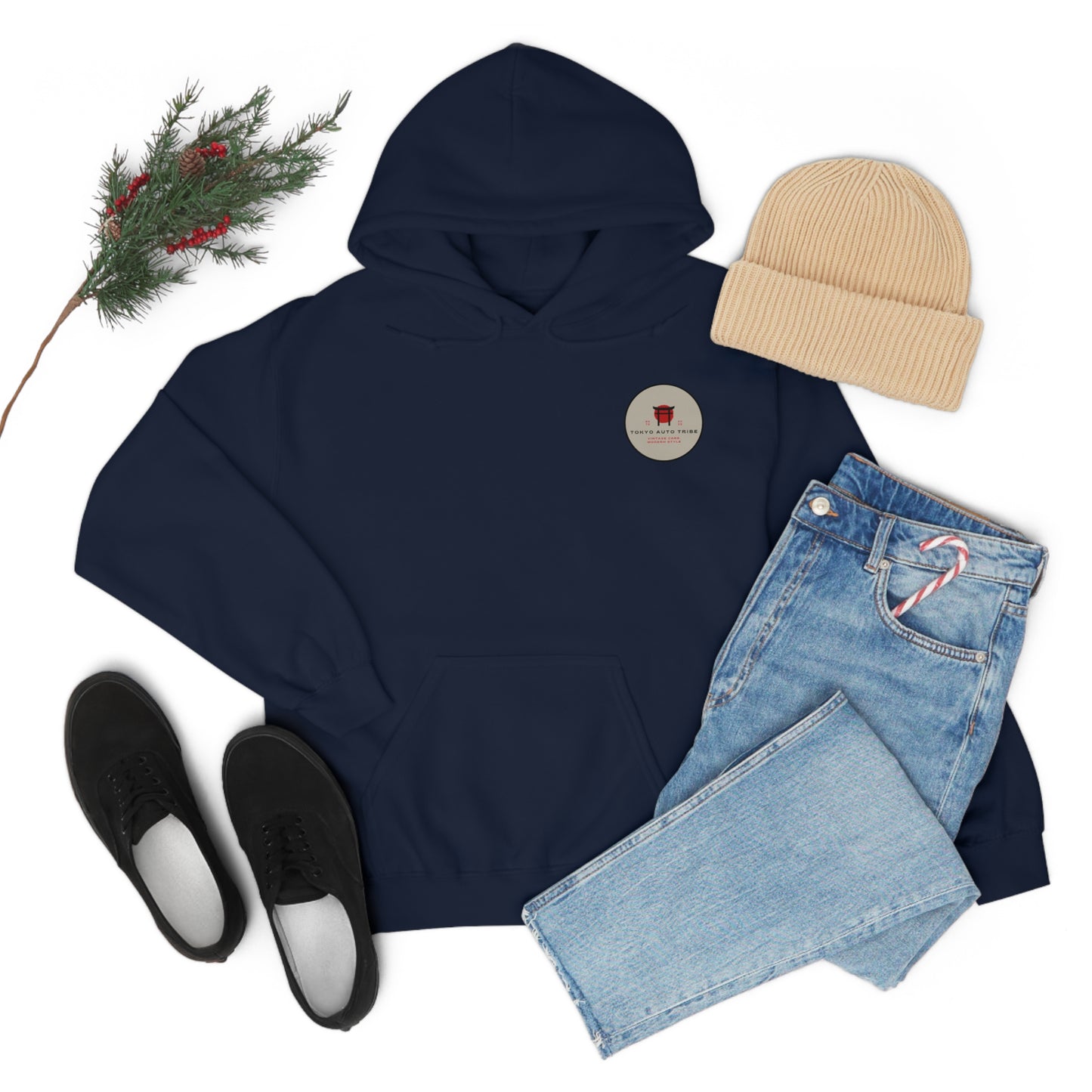 Navy blue Wagon Chibi Hoodie styled with light blue denim jeans, black slip-on shoes, and a beige knit beanie, evoking a casual look for fans of JDM streetwear and late-night drives.