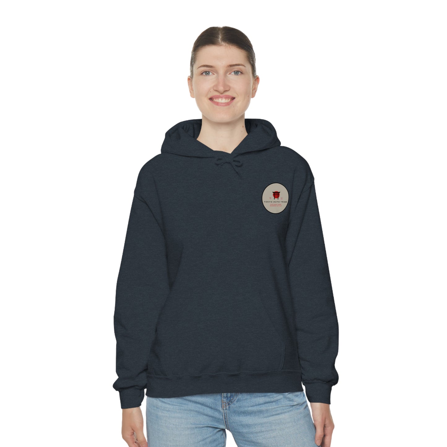 Woman wearing a dark hoodie featuring a small graphic on the chest, styled for fans of Japanese car culture and late-night drives, called Wagon Chibi Hoodie.