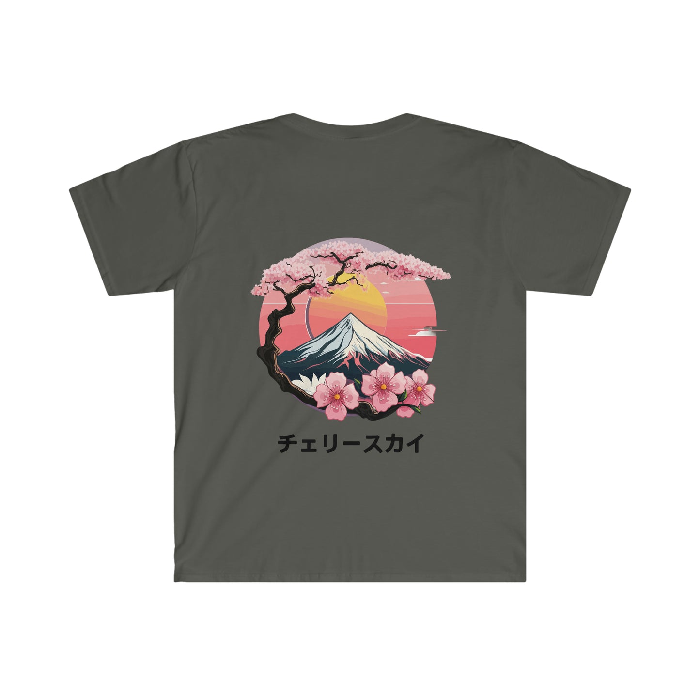 Cherry Skies T-Shirt featuring a Japanese-inspired design with cherry blossoms, Mount Fuji, and a sunset, blending vintage racing and Japanese car culture aesthetics.