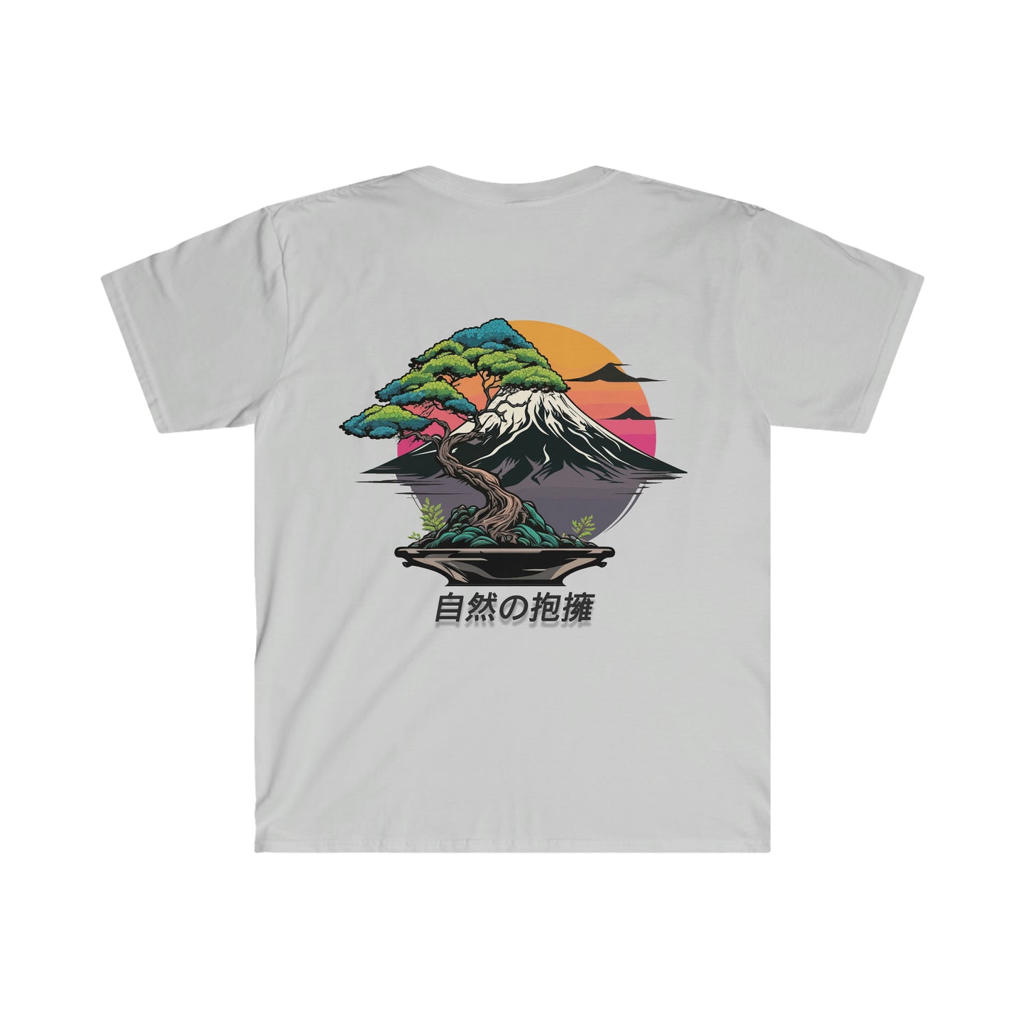 White Nature's Embrace T-Shirt featuring a colorful bonsai tree in front of a stylized mountain and sunset background with Japanese characters below the design.